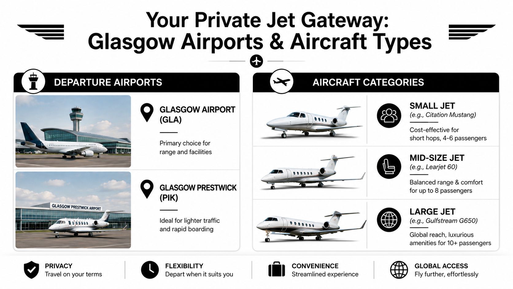 An infographic detailing Glasgow private jet charter options, listing departure airports and various aircraft categories.
