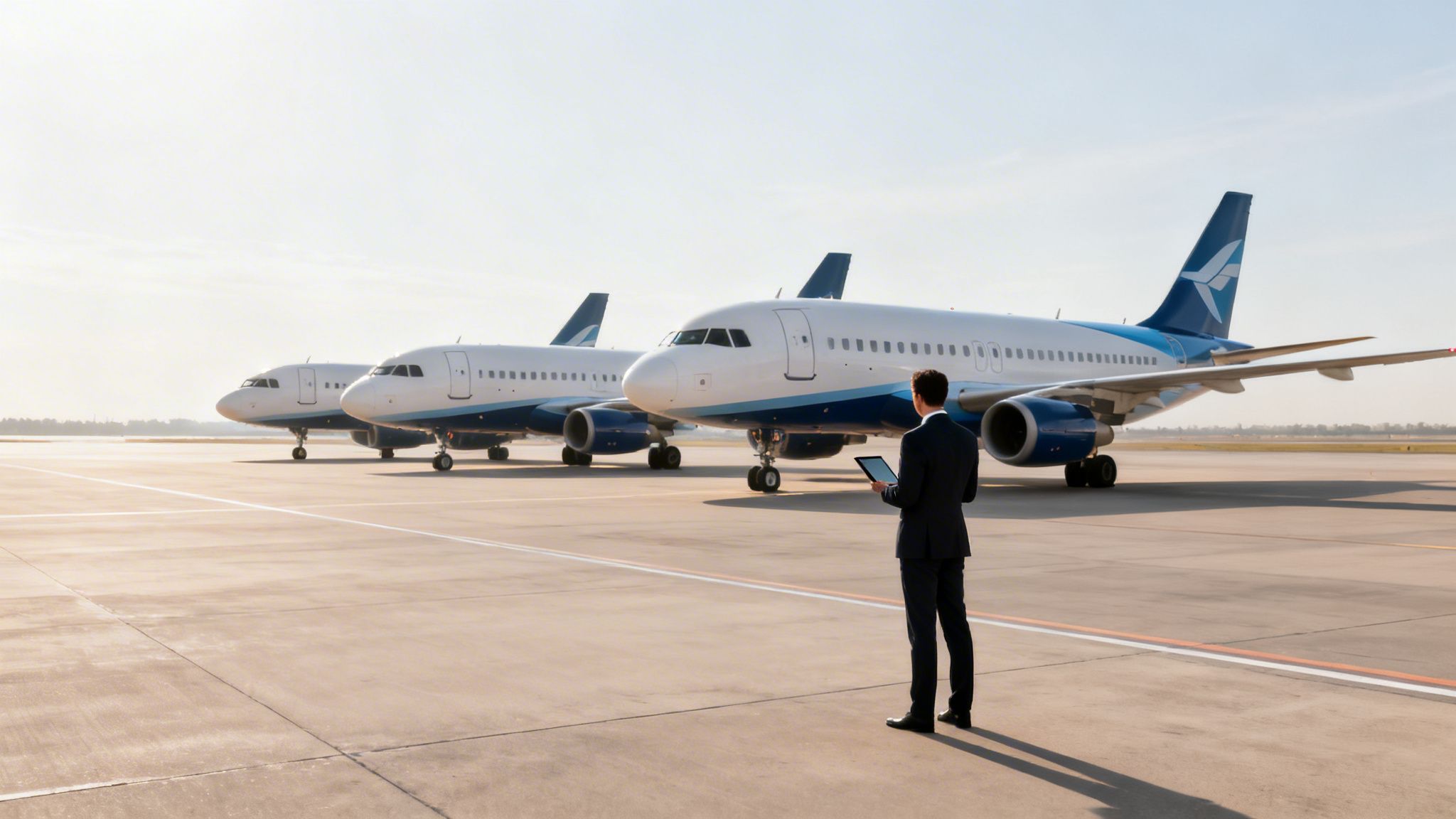 Businessman with a tablet on an airport tarmac, observing three white and blue airplanes.