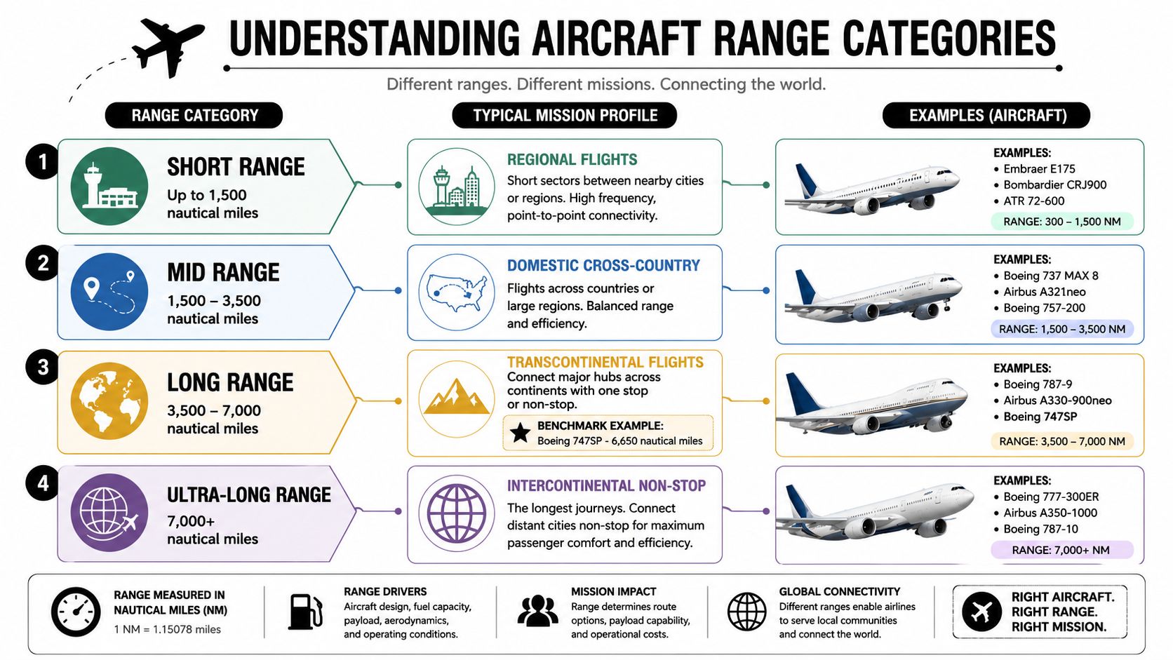 A chart illustrating different aircraft range categories, including short, mid, long, and ultra-long range examples.
