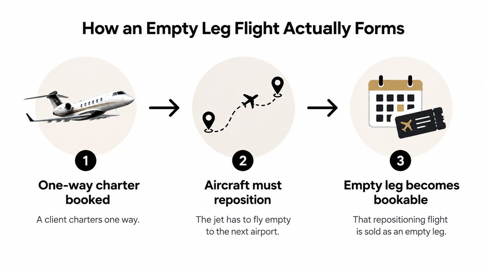 An infographic showing the three steps of how a private jet empty leg flight is formed.