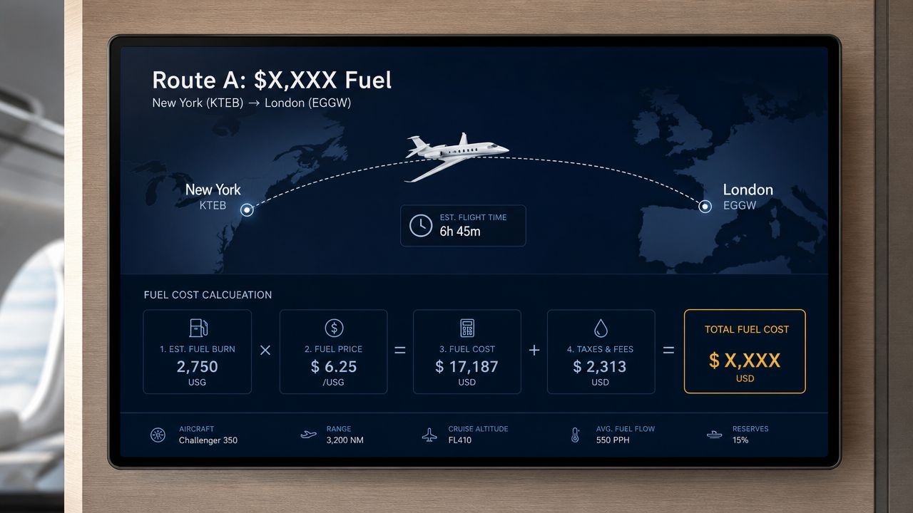 A digital screen in a private jet showing a flight fuel cost calculation from New York to London.