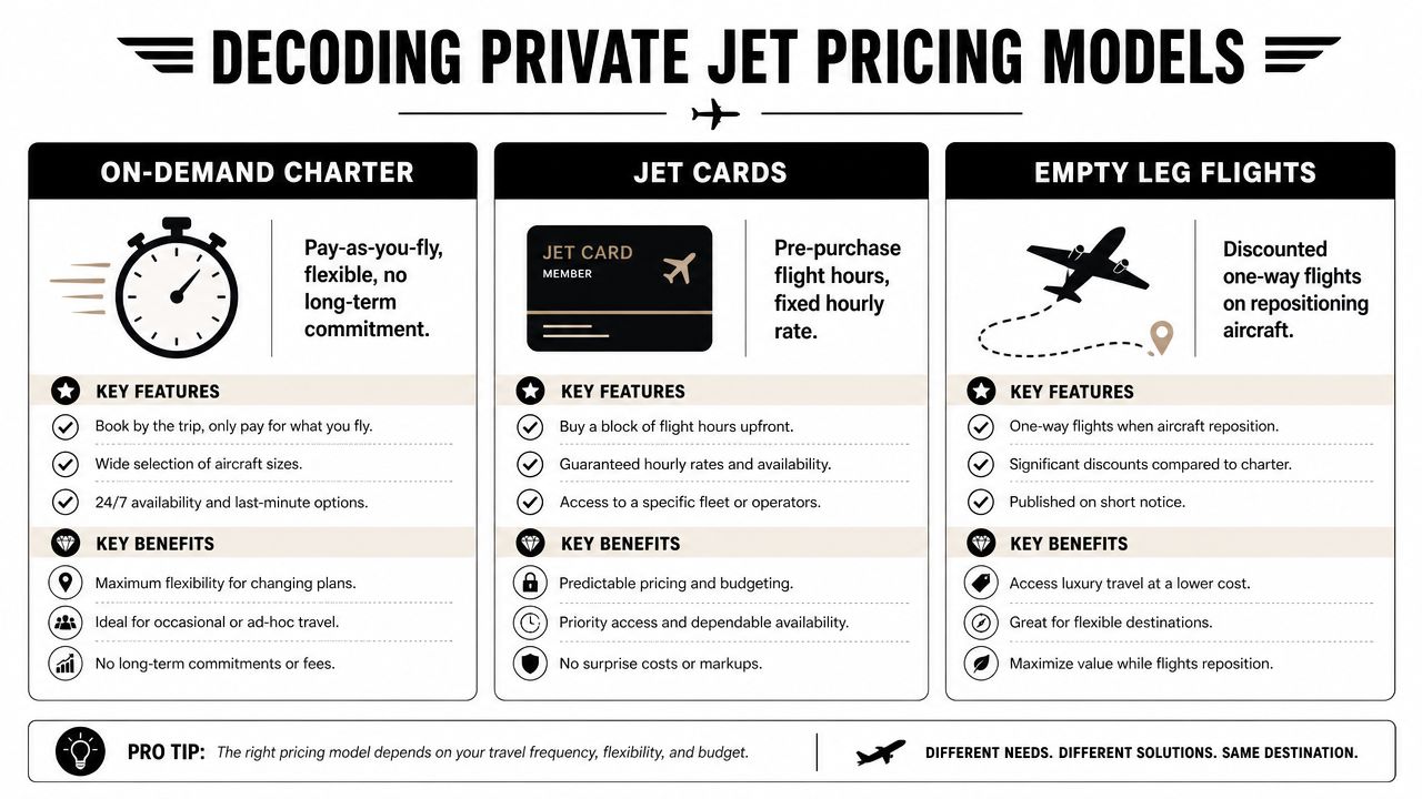 An infographic titled Decoding Private Jet Pricing Models explaining on-demand charters, jet cards, and empty leg flights.