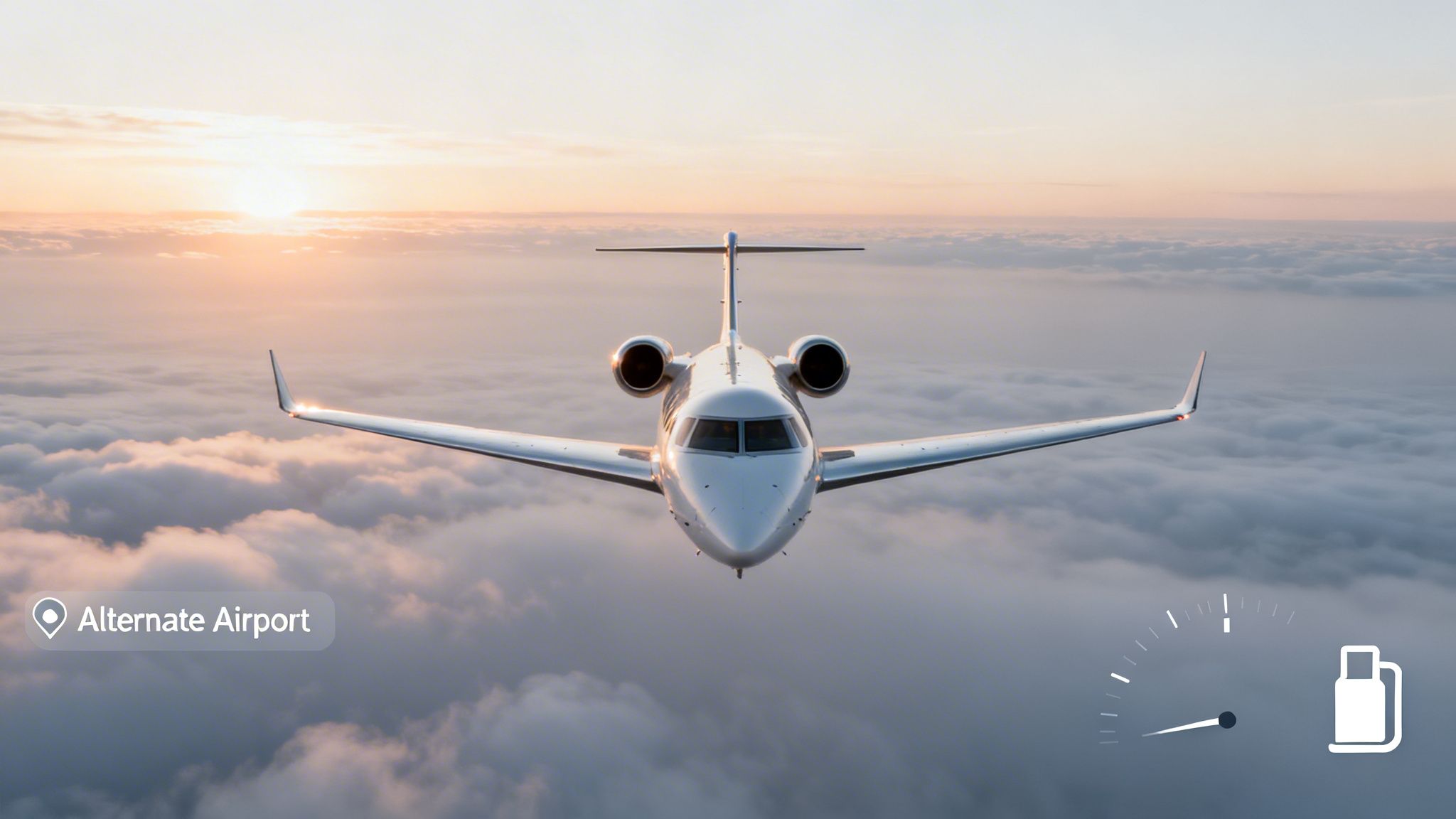 A private jet flies above soft clouds at sunset, showing a low fuel gauge and 'Alternate Airport' location tag.