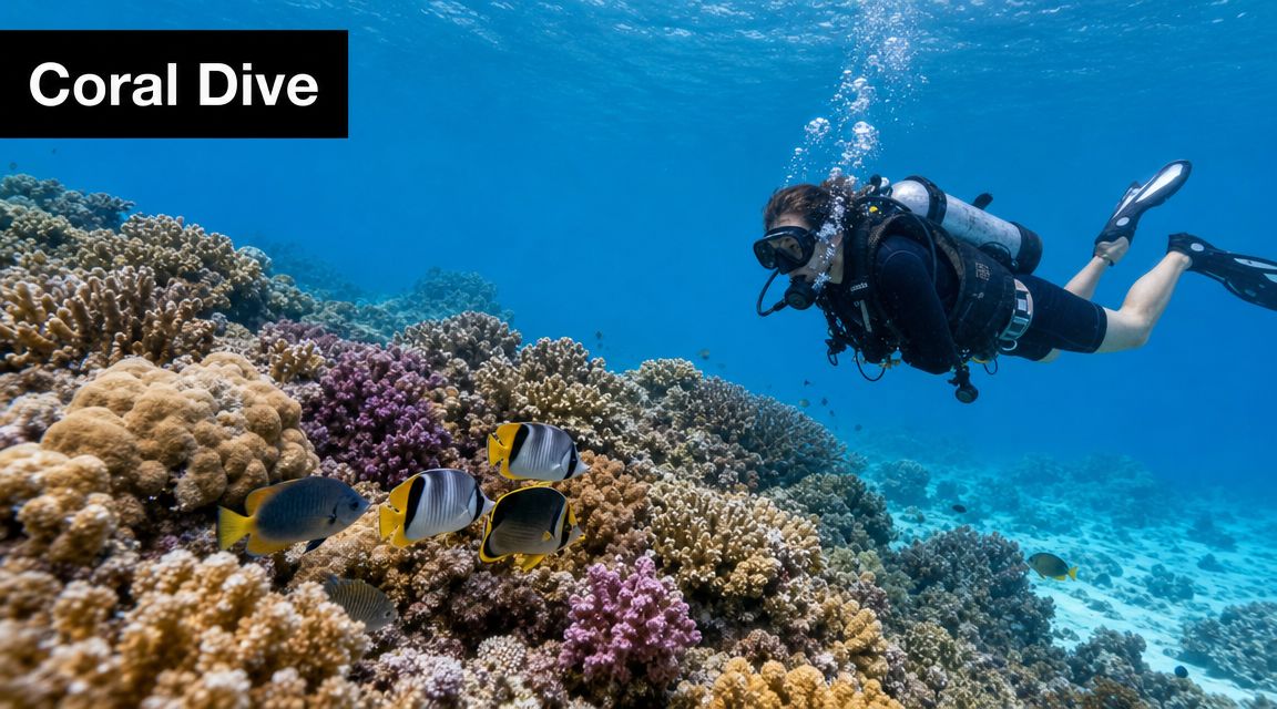 A scuba diver explores a colorful coral reef teeming with tropical butterflyfish under clear blue water.