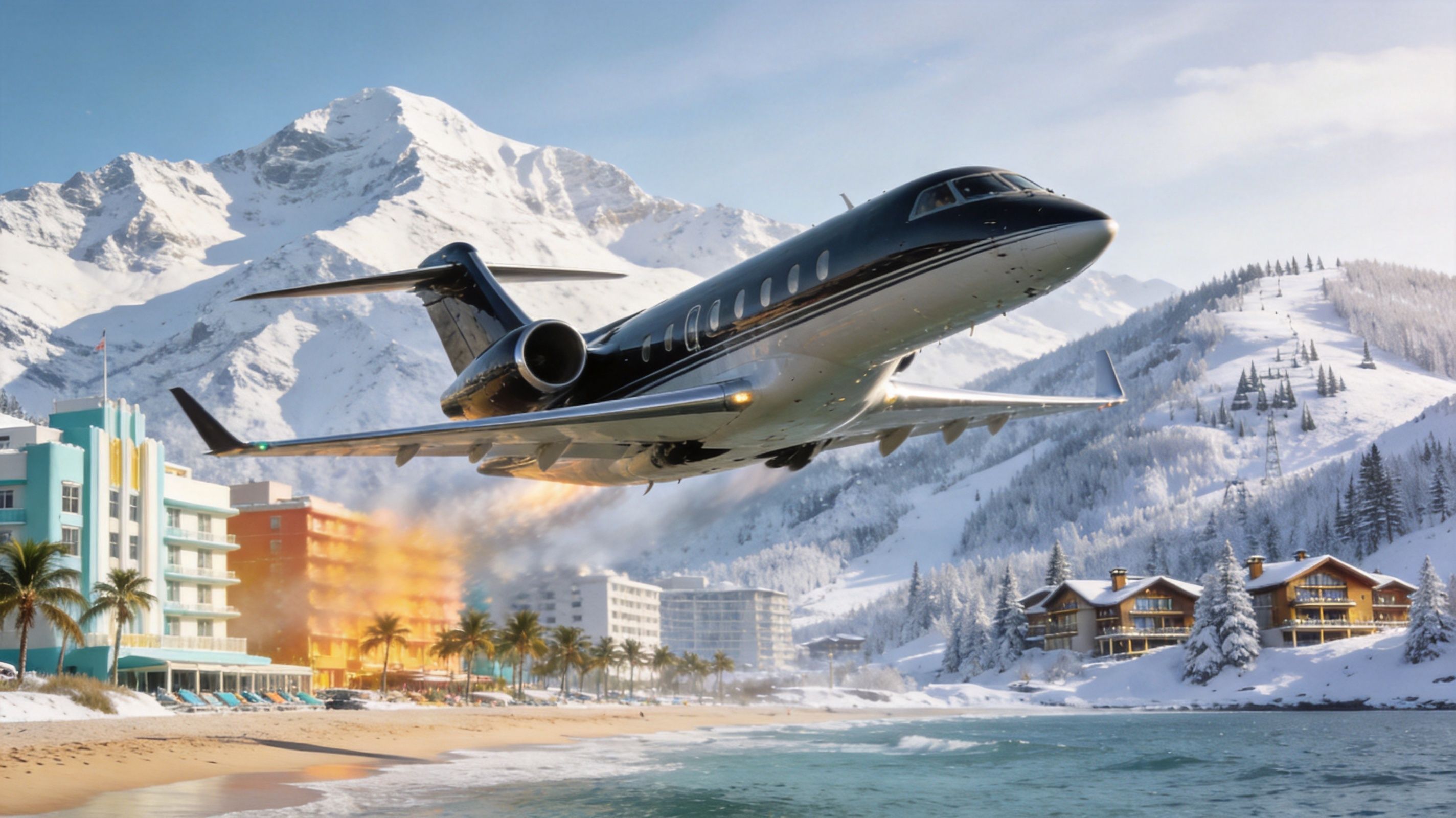 A black private jet flying over a surreal beach scene with snowy mountains in the background.