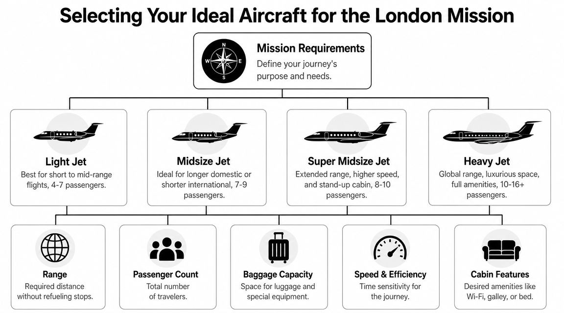 A diagram outlining how to select the ideal private jet aircraft based on mission requirements.