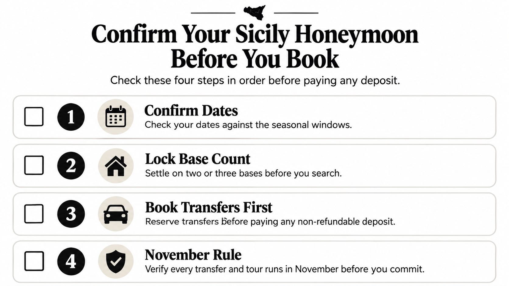 A four-step checklist to help couples plan their honeymoon trip in Sicily, Italy before booking deposits.