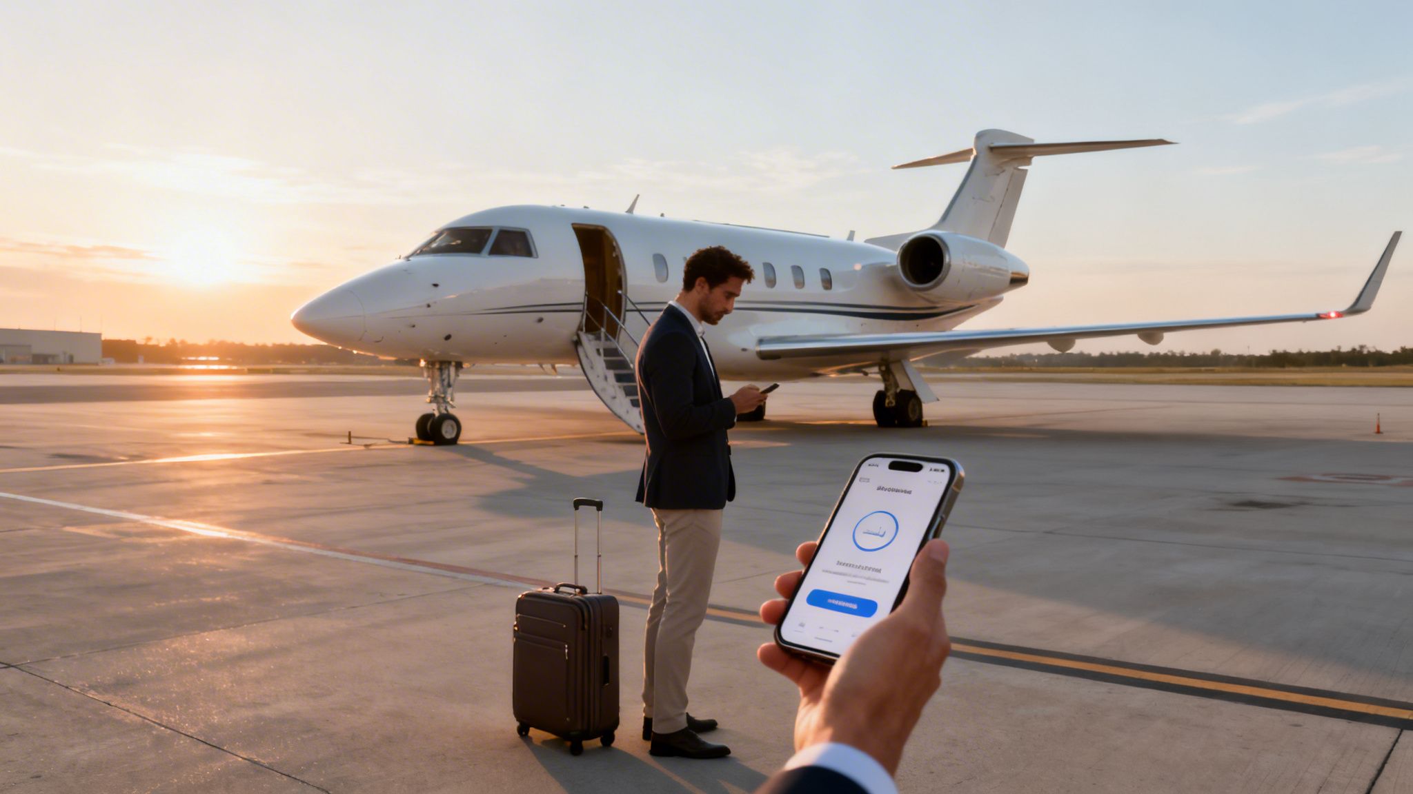 A businessman checking his phone next to a private jet on an airport runway at sunset.