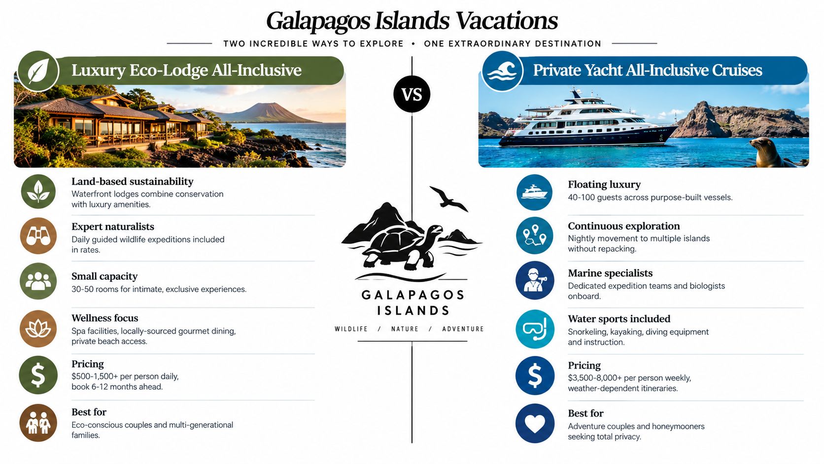 A comparison infographic showing two ways to visit the Galapagos Islands: luxury eco-lodges versus private yacht cruises.