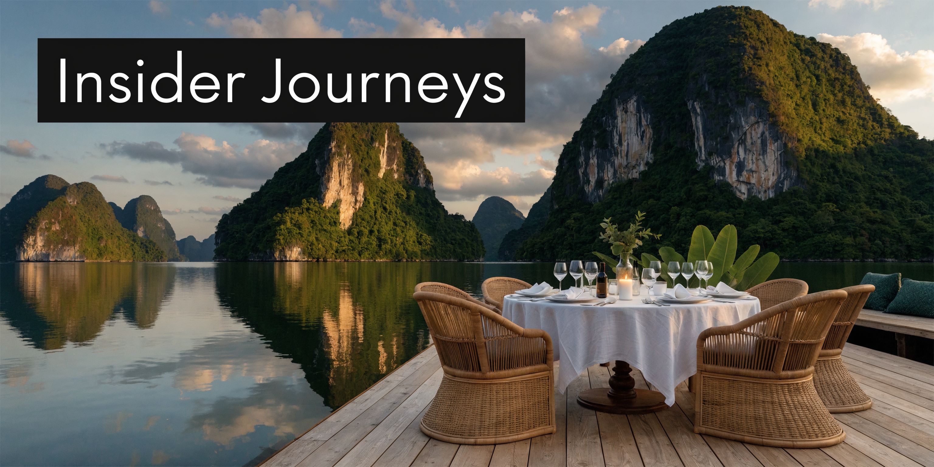 An elegant outdoor dining table set for guests overlooking calm waters and karst mountains in Vietnam.