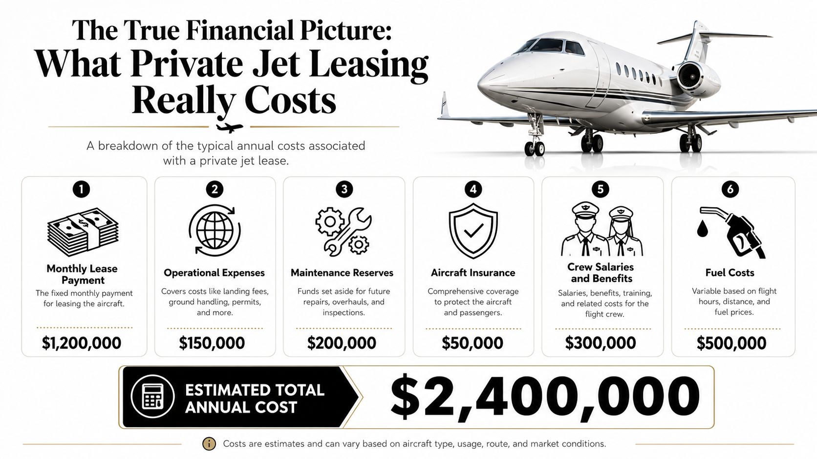 A detailed infographic showing the annual financial breakdown of costs for leasing a private jet aircraft.
