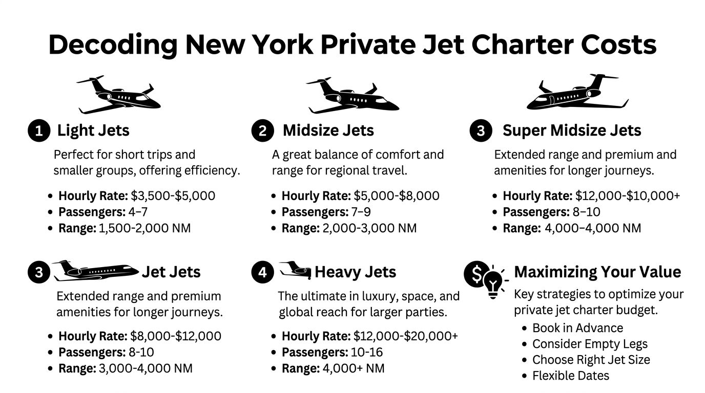 An infographic detailing the hourly rates, passenger capacity, and range for various private jet classes.