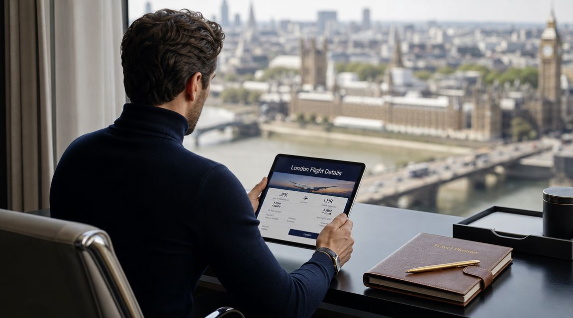 A man in a navy turtleneck views London flight details on a tablet in a high-rise office.