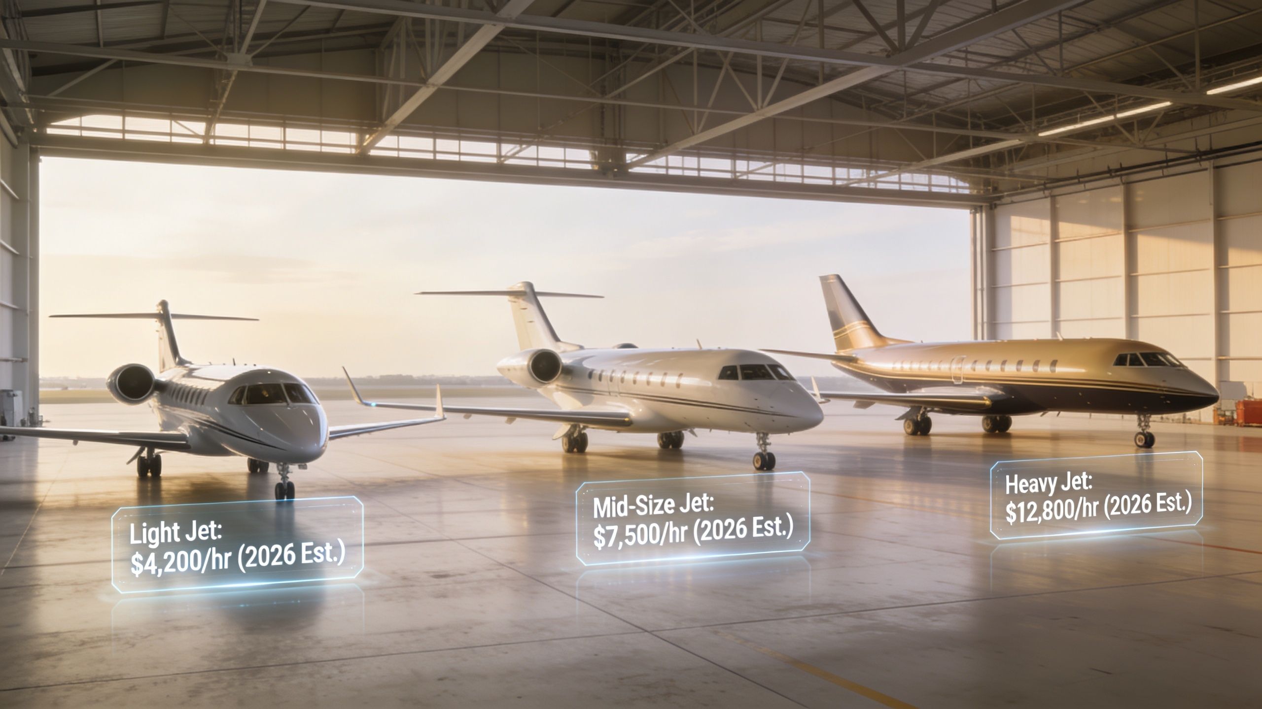 Three different sizes of private jets parked in a hangar showing estimated hourly rental rates for 2026.