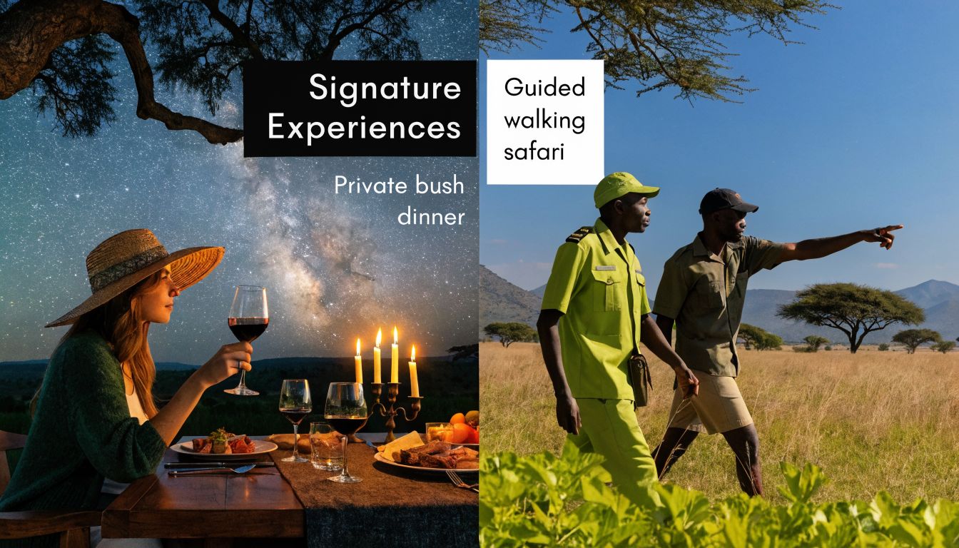 A split-screen image showing a woman enjoying a private bush dinner under stars and guides on safari.
