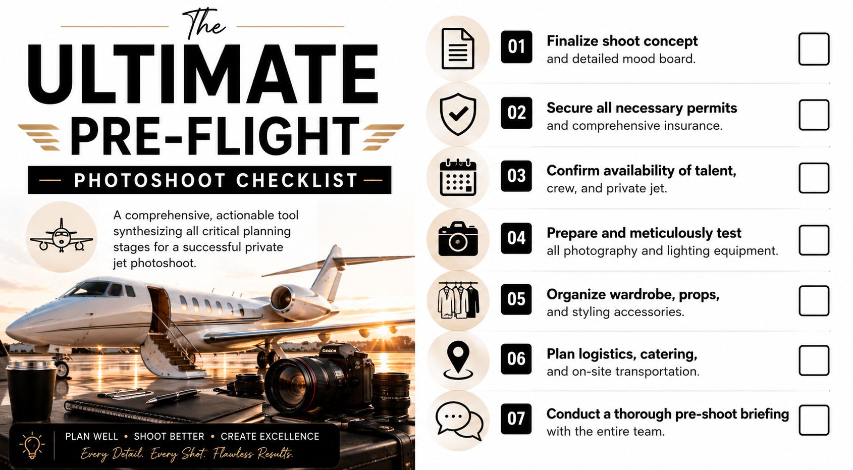 A comprehensive pre-flight photoshoot checklist for planning professional private jet photography sessions effectively.