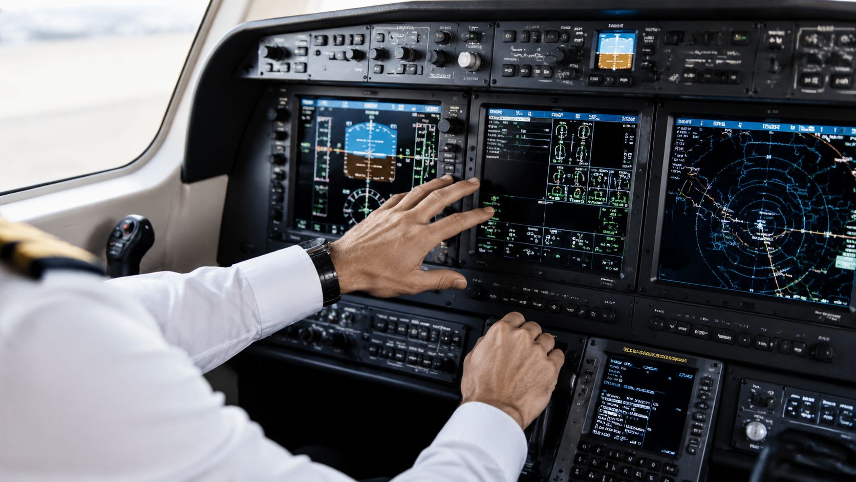 A professional pilot adjusting the flight instruments inside the cockpit of a modern private jet aircraft.