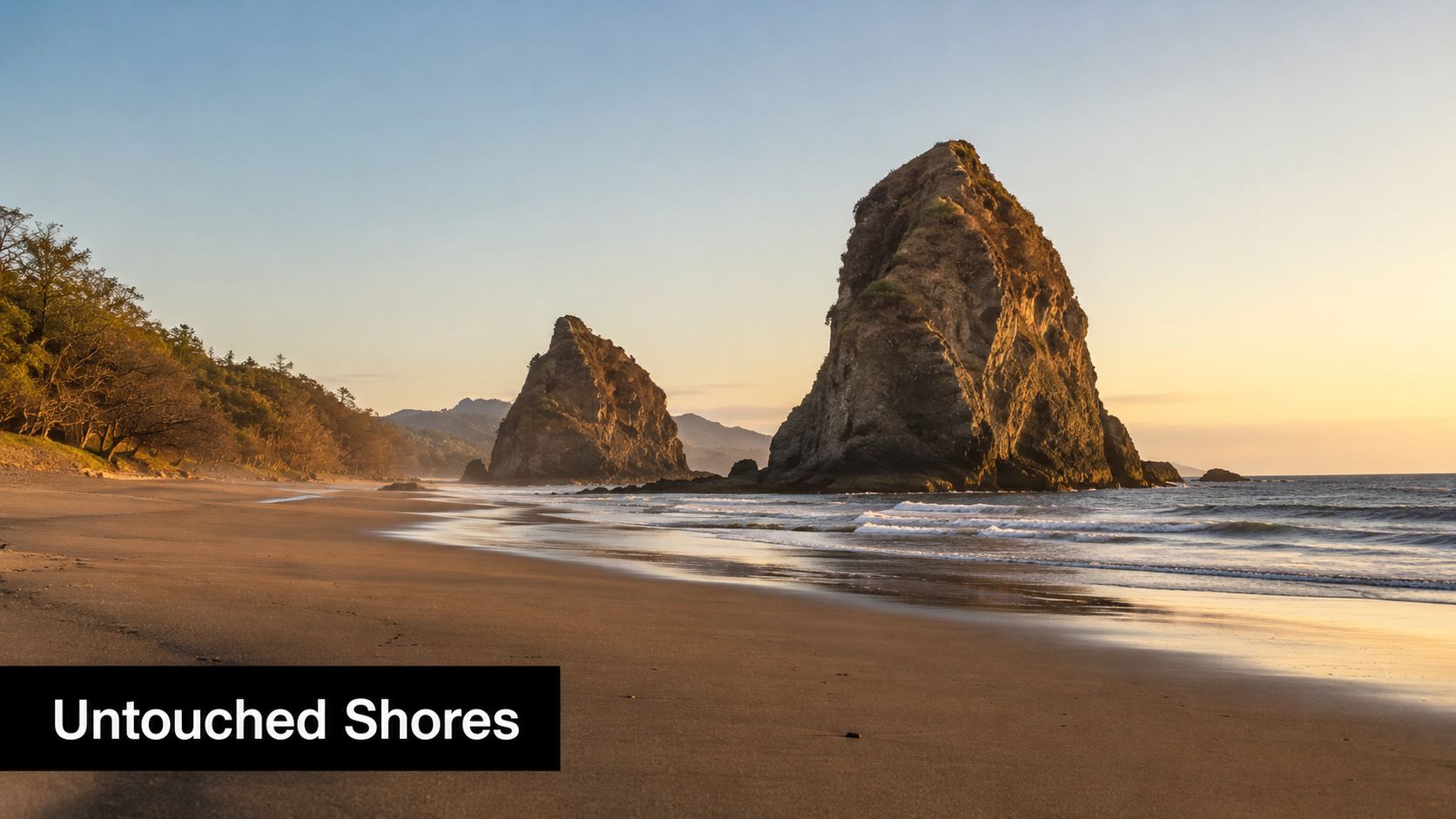 A serene tropical beach with large jagged rock formations during a peaceful sunrise in Nicaragua.