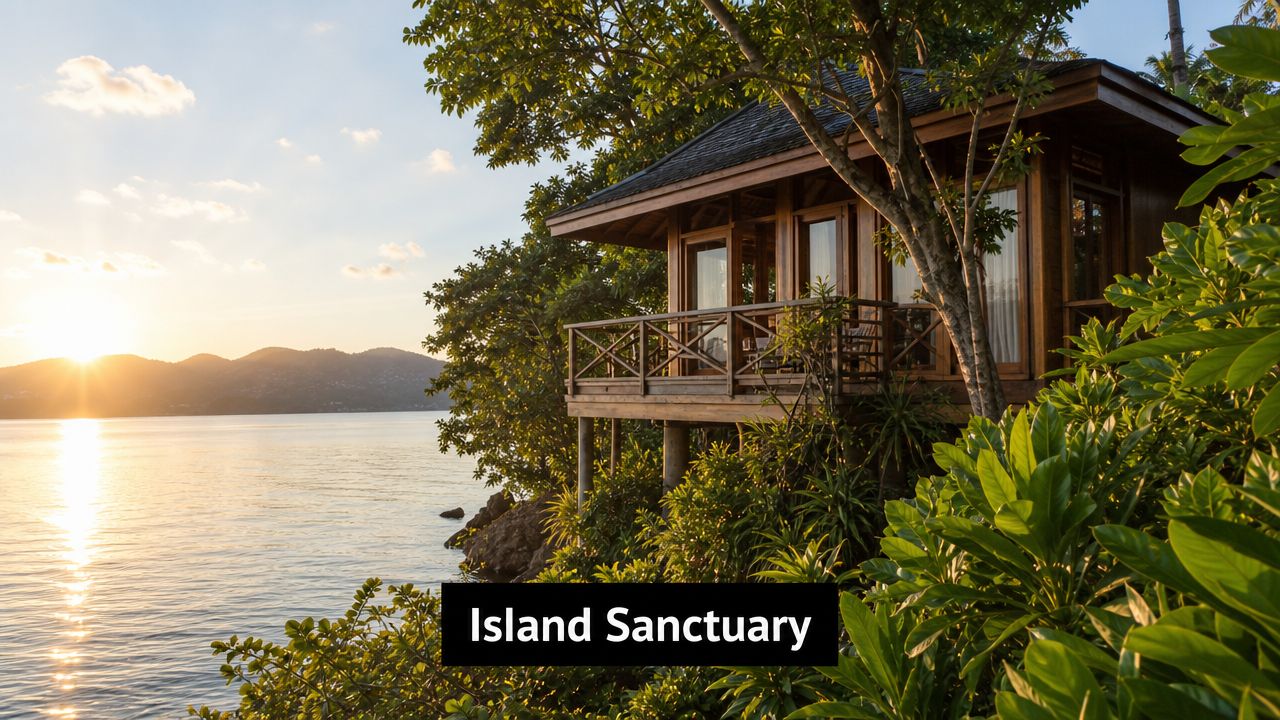 A luxurious wooden villa perched on a tropical hillside overlooking a peaceful lake at sunset.