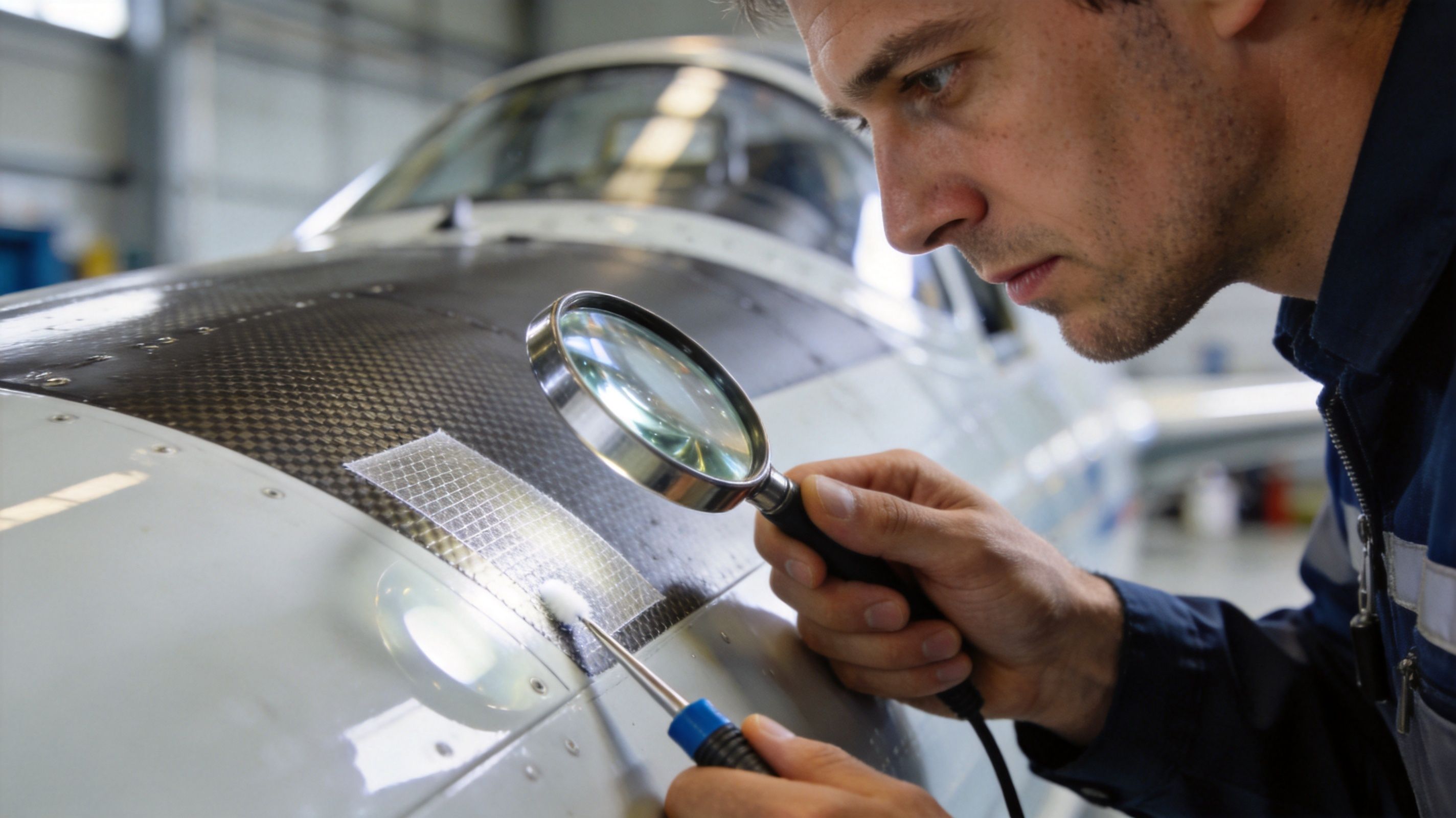 A technician carefully inspects a carbon fiber section of an aircraft fuselage using a magnifying glass.