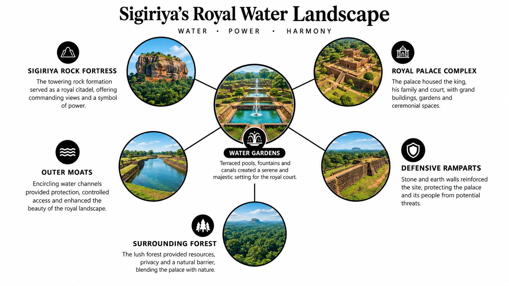 An infographic detailing the features of Sigiriya's royal water landscape including its fortress, palace, gardens, and moats.