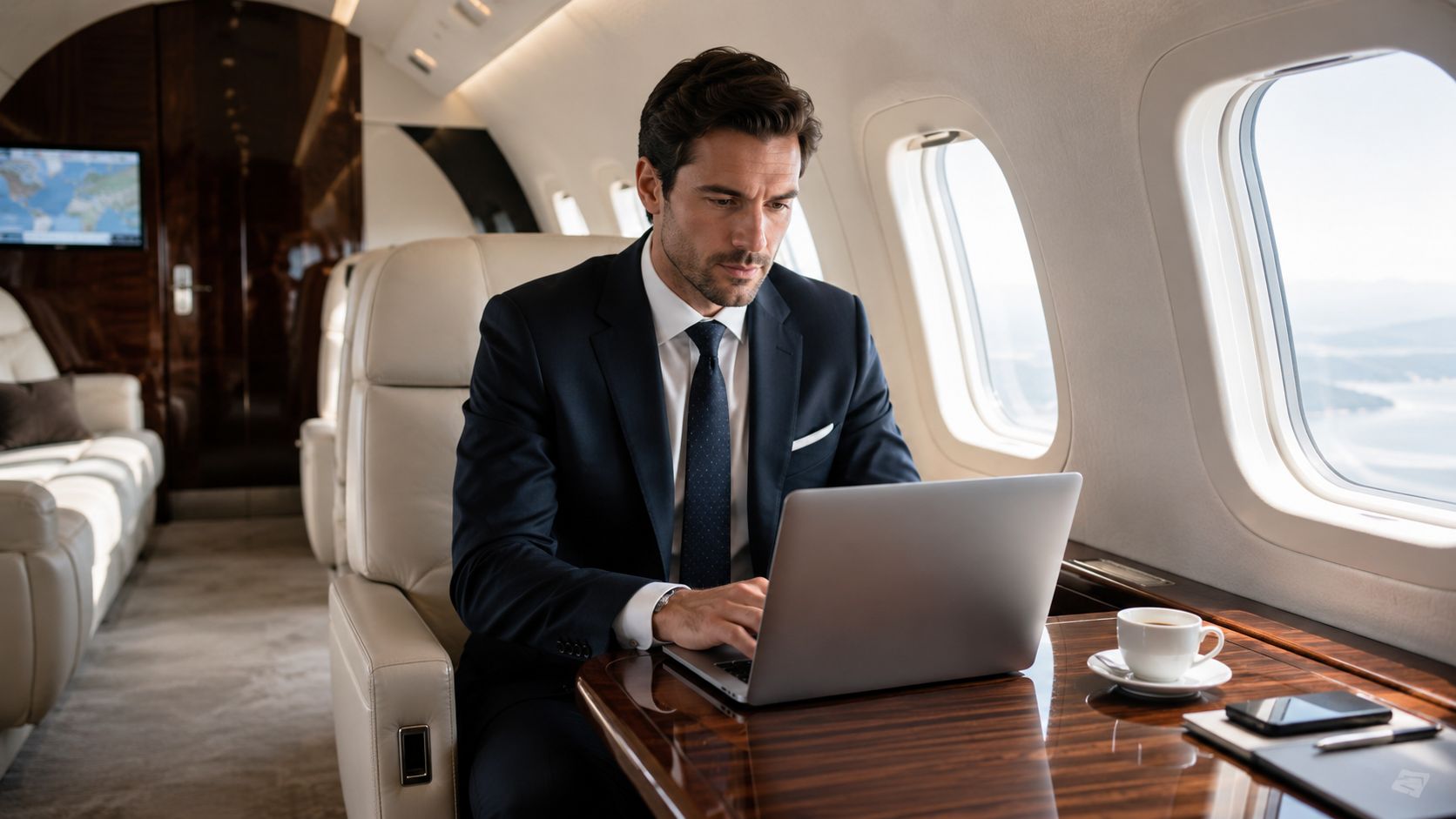 A professional businessman in a suit working on a laptop while traveling on a private jet.