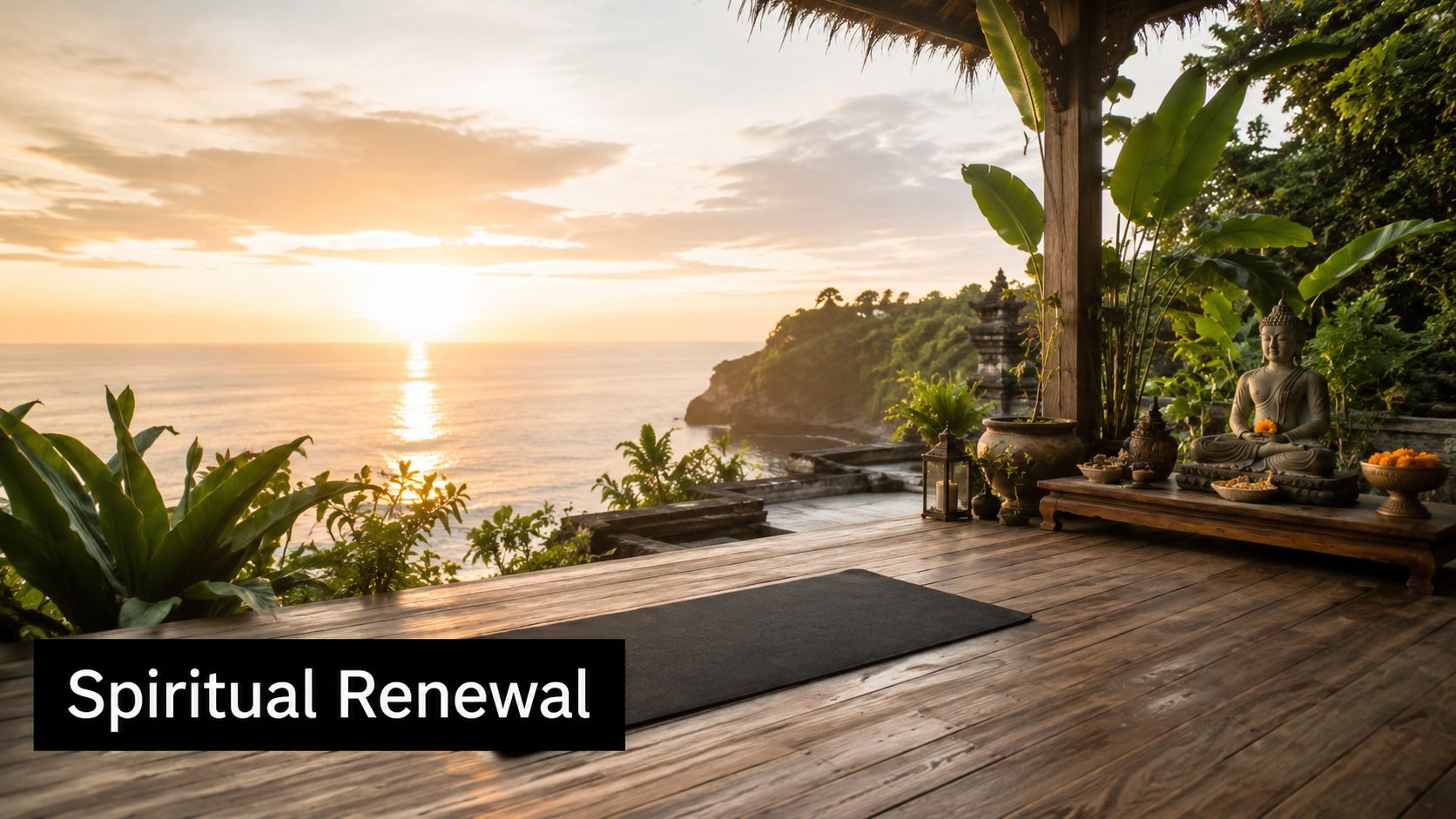 A serene yoga deck overlooking the ocean at sunset with a Buddha statue for spiritual practice.