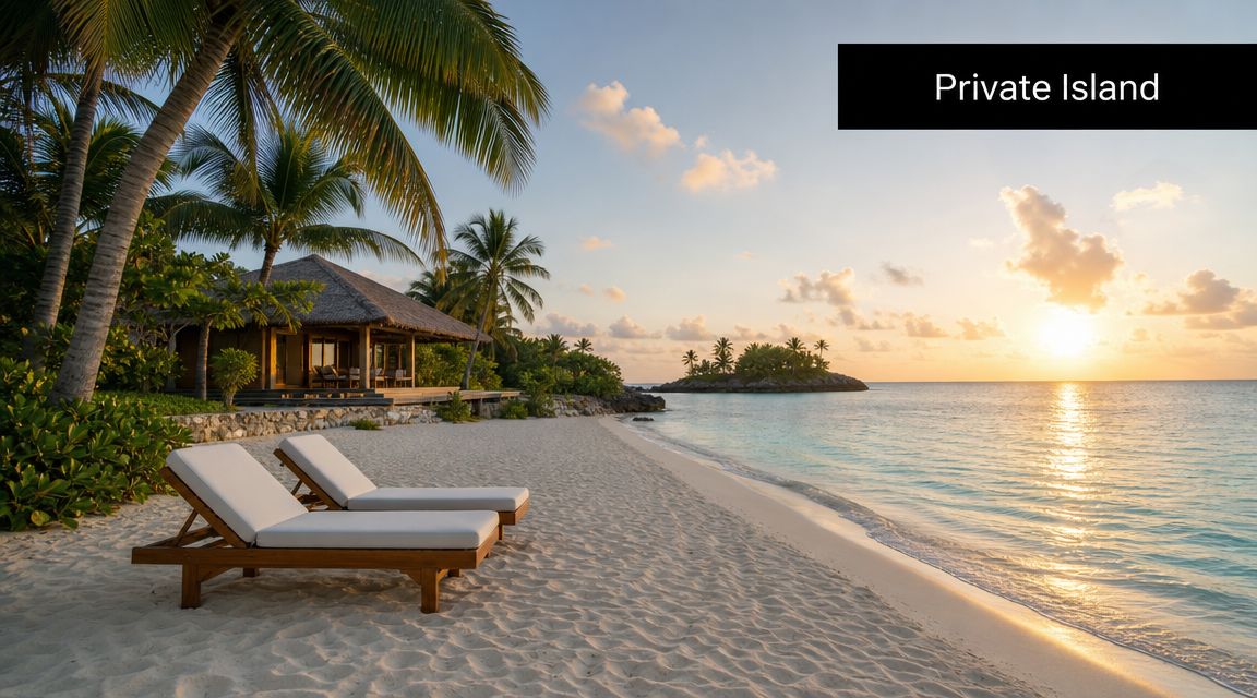 A serene tropical private island with beach loungers on white sand at sunset for vacation.