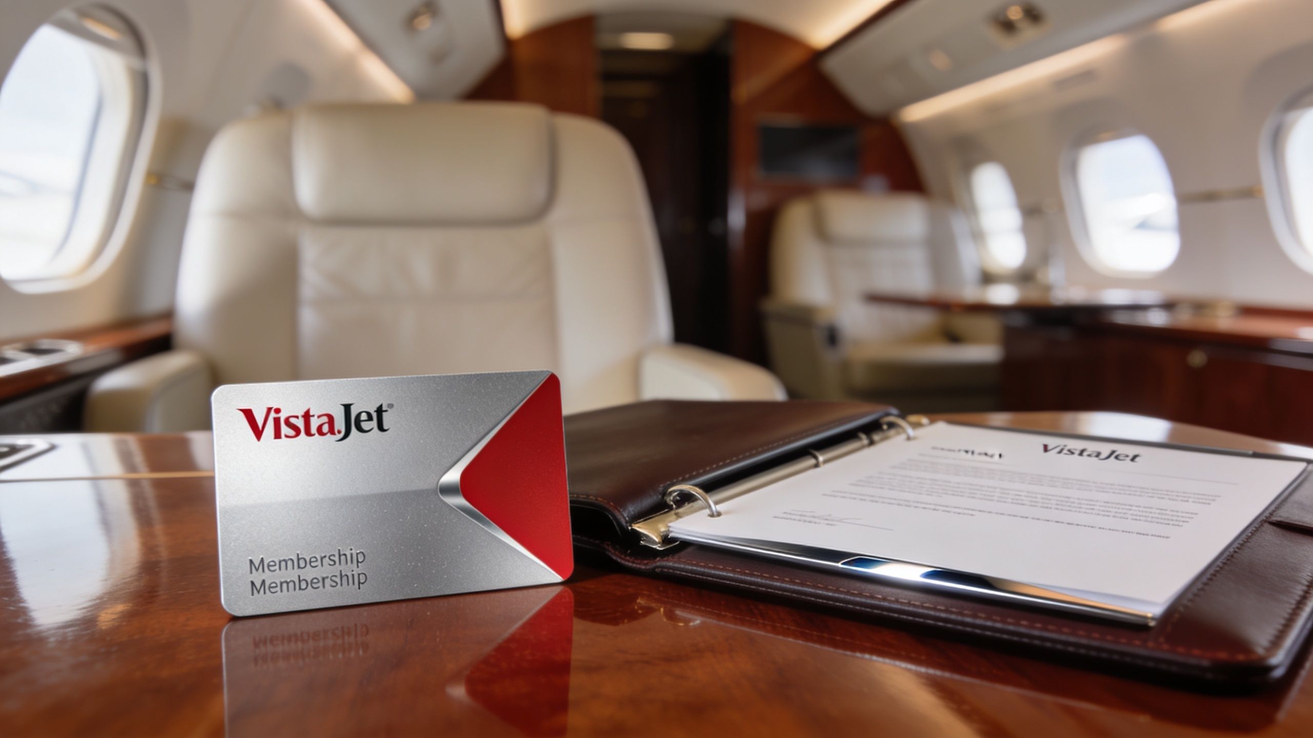 A silver VistaJet membership card sitting on a polished wooden table next to an open branded leather folder.