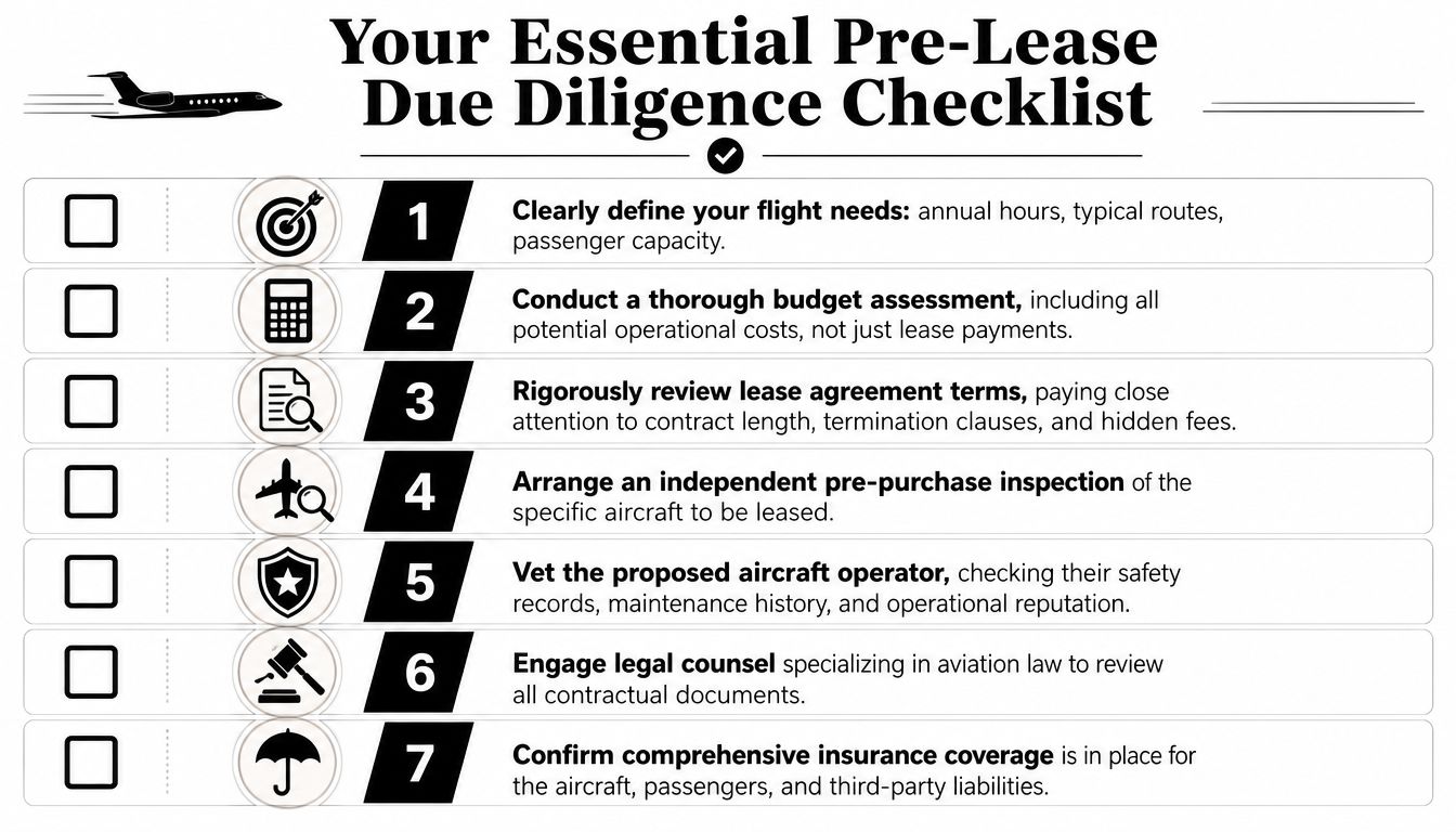 A checklist illustrating seven essential steps for conducting due diligence when leasing a private aircraft.