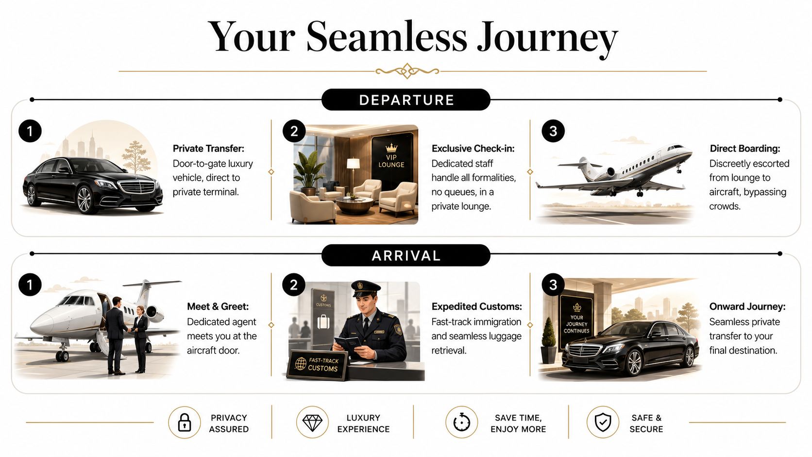 A visual guide outlining the seamless vip airport concierge services for departure and arrival travel processes.