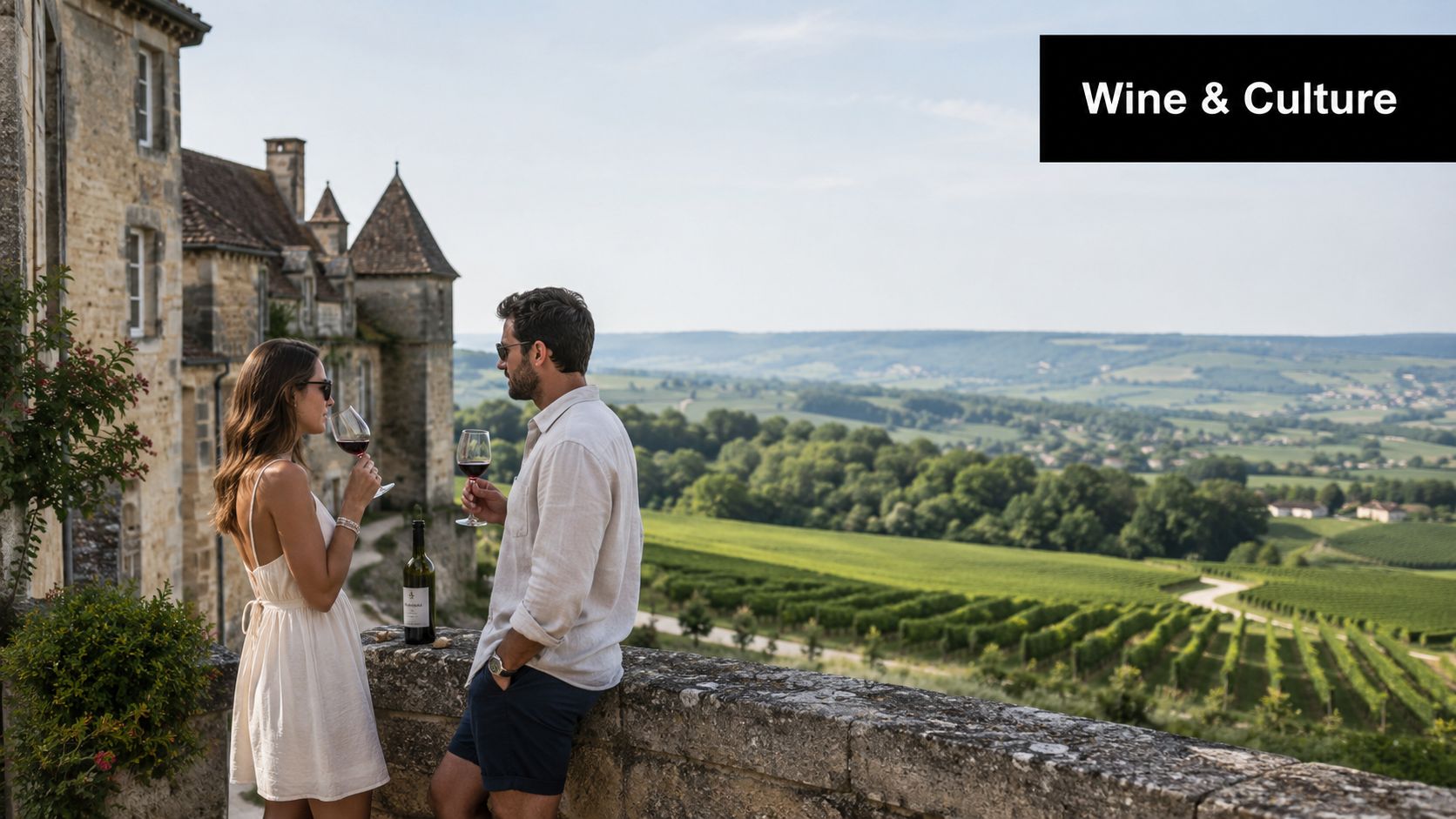 A couple enjoying wine on a stone balcony overlooking a scenic vineyard at a European castle.