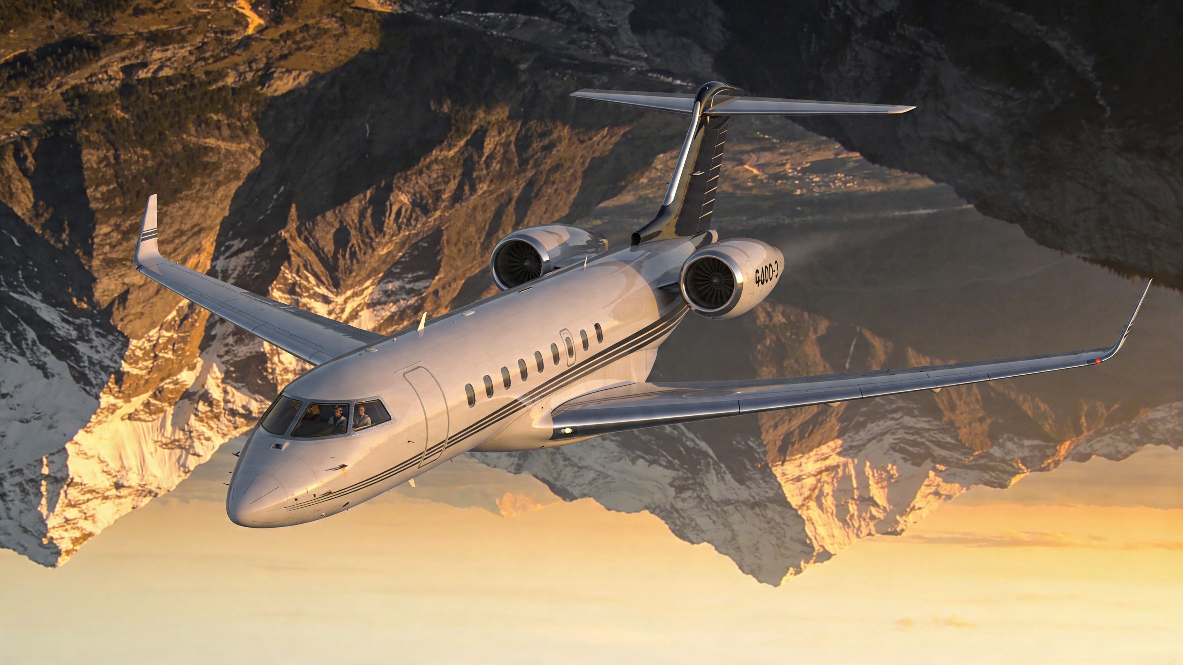 A sleek white private luxury jet flying over a breathtaking mountainous landscape during a golden sunset.