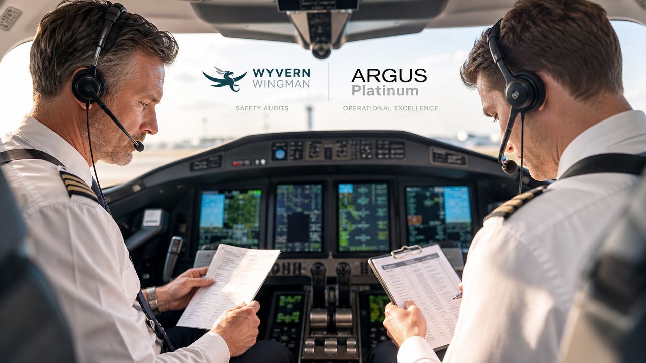 Two pilots in uniform reviewing flight documents in the cockpit of a private jet airplane.