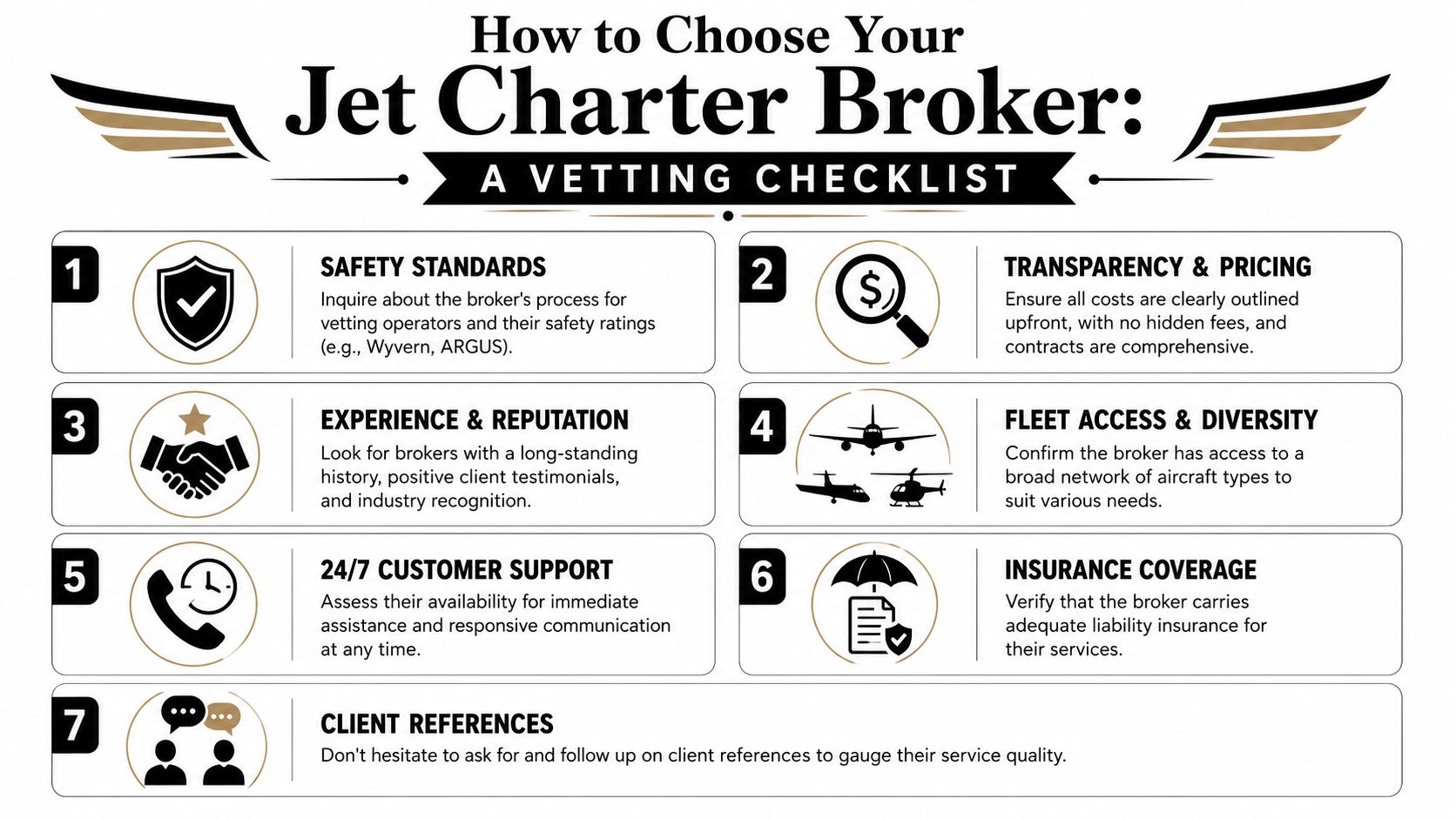 An infographic detailing seven essential steps for vetting and selecting a reliable private jet charter broker.