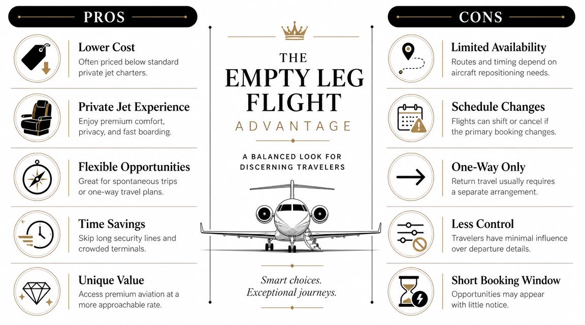 An infographic comparing the pros and cons of booking empty leg private jet flights for travelers.
