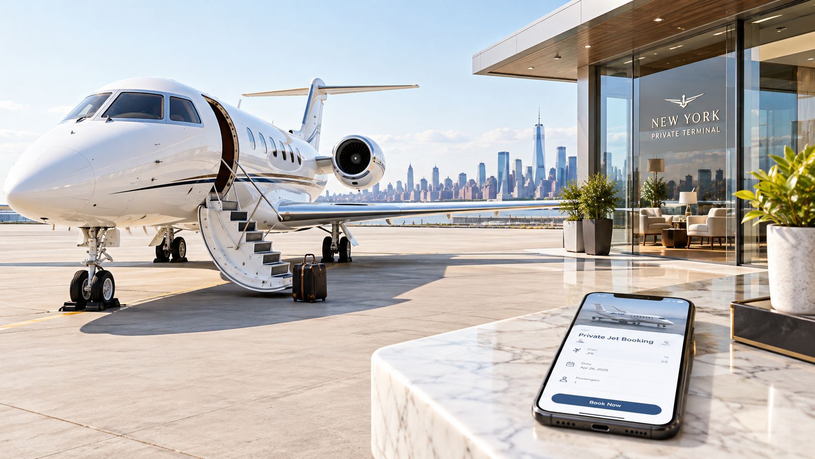 A luxurious private jet parked at a terminal in New York City with a smartphone booking app.