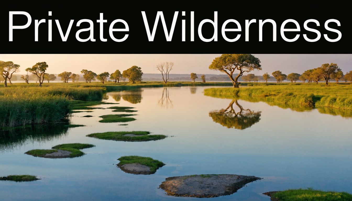 A serene river flowing through a lush African savannah landscape with grassy islands and large trees.