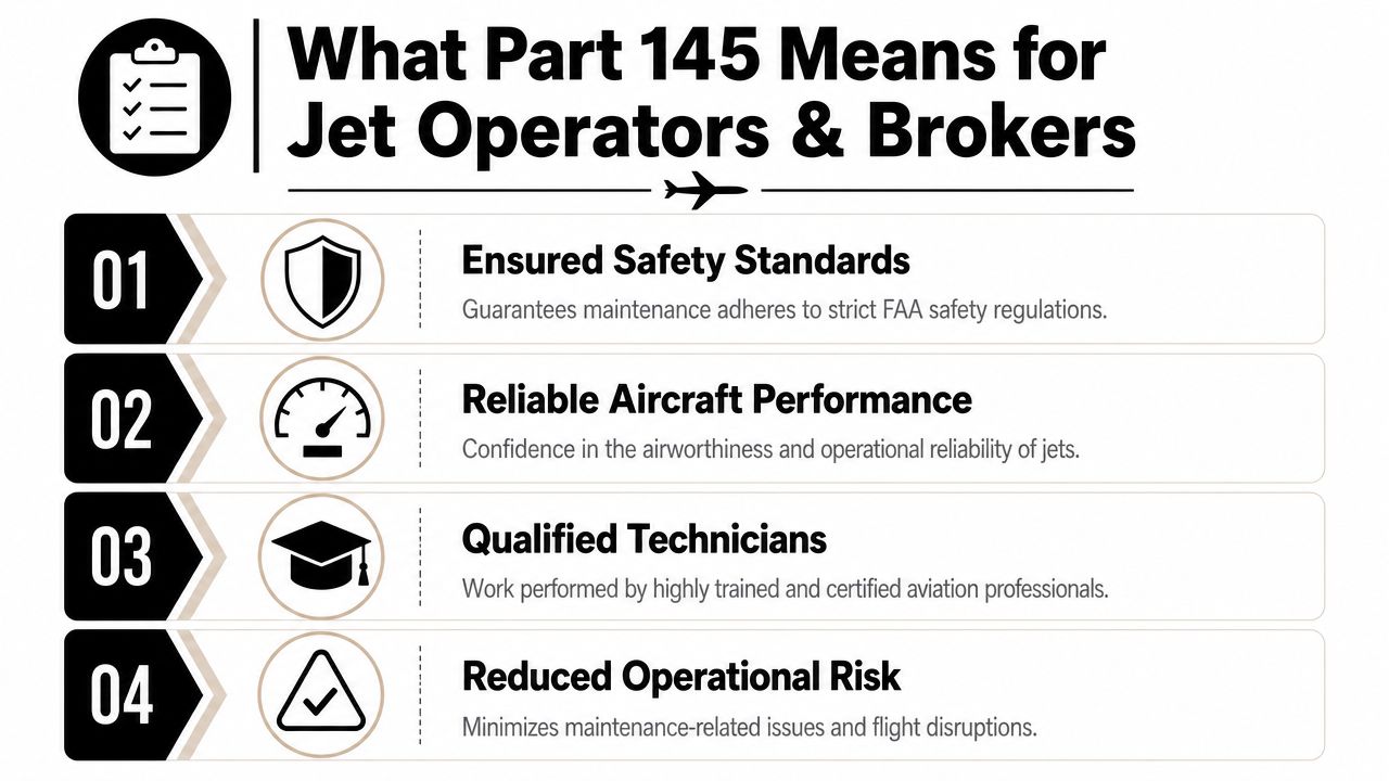 An infographic titled What Part 145 Means for Jet Operators and Brokers listing four key maintenance benefits.