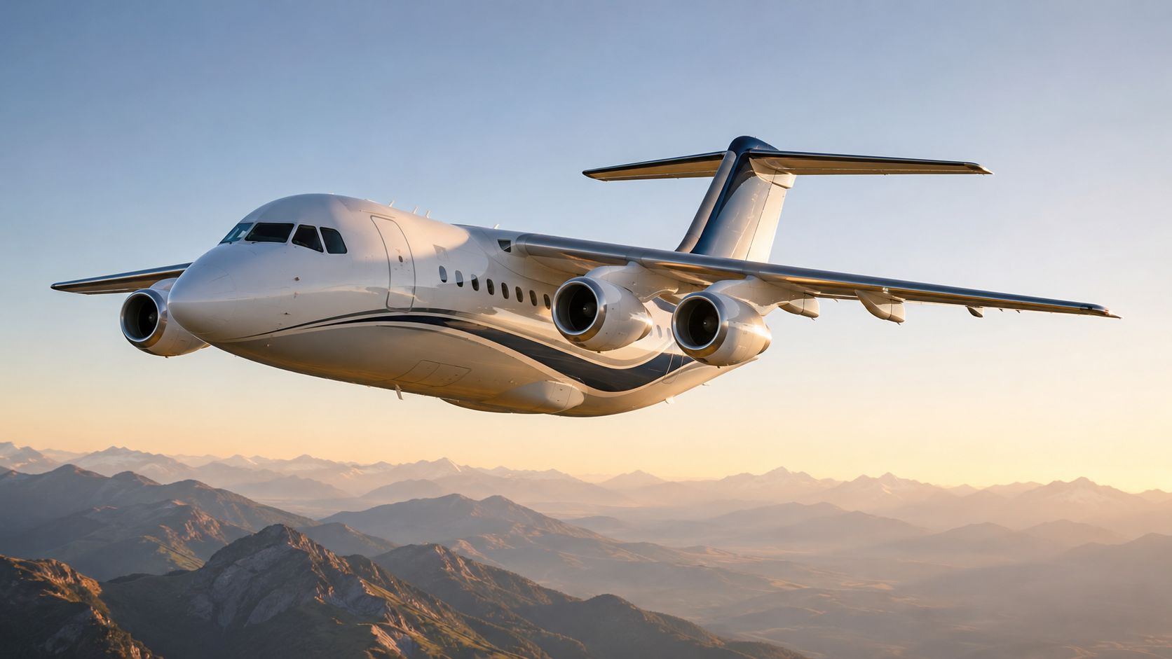 A luxurious BAe 146 aircraft flying gracefully over mountain ranges during a beautiful golden sunset.
