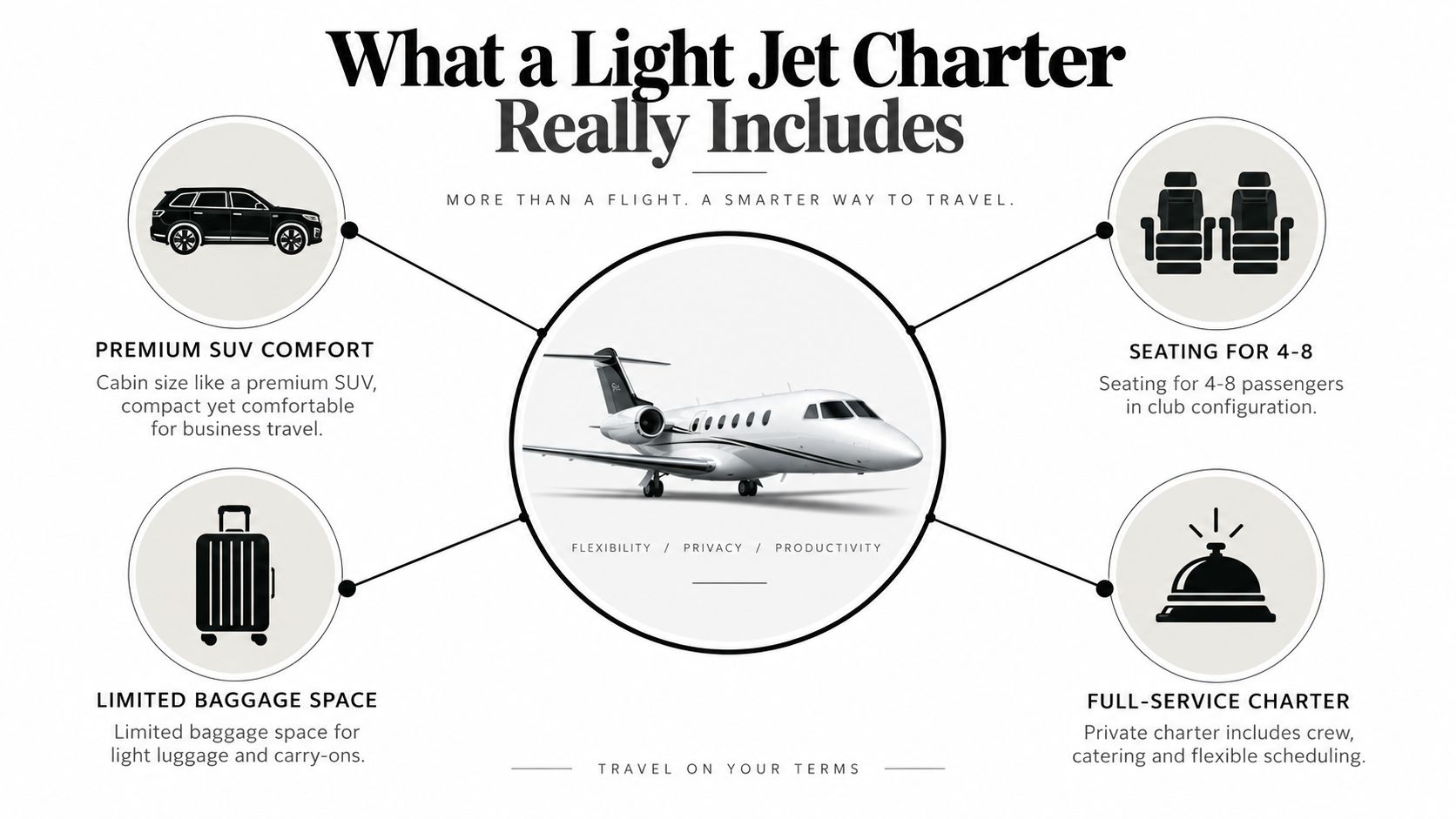 An infographic detailing the key benefits and features of a light jet charter travel service.