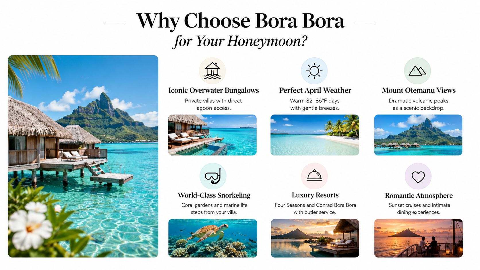 A travel infographic highlighting reasons to choose Bora Bora for a honeymoon, including luxury resorts and views.