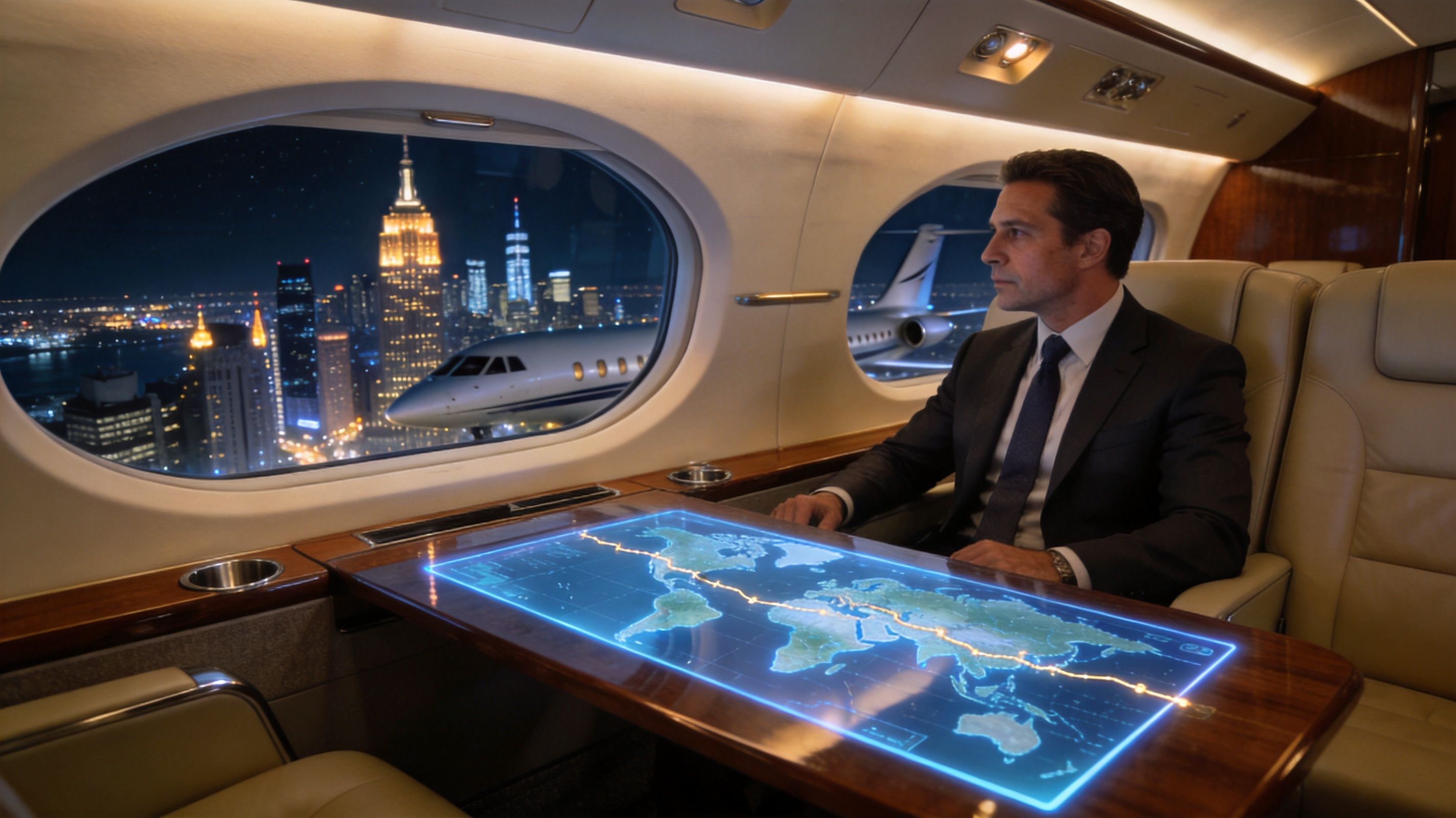 A businessman sits in a luxury private jet cabin overlooking the New York City skyline at night.