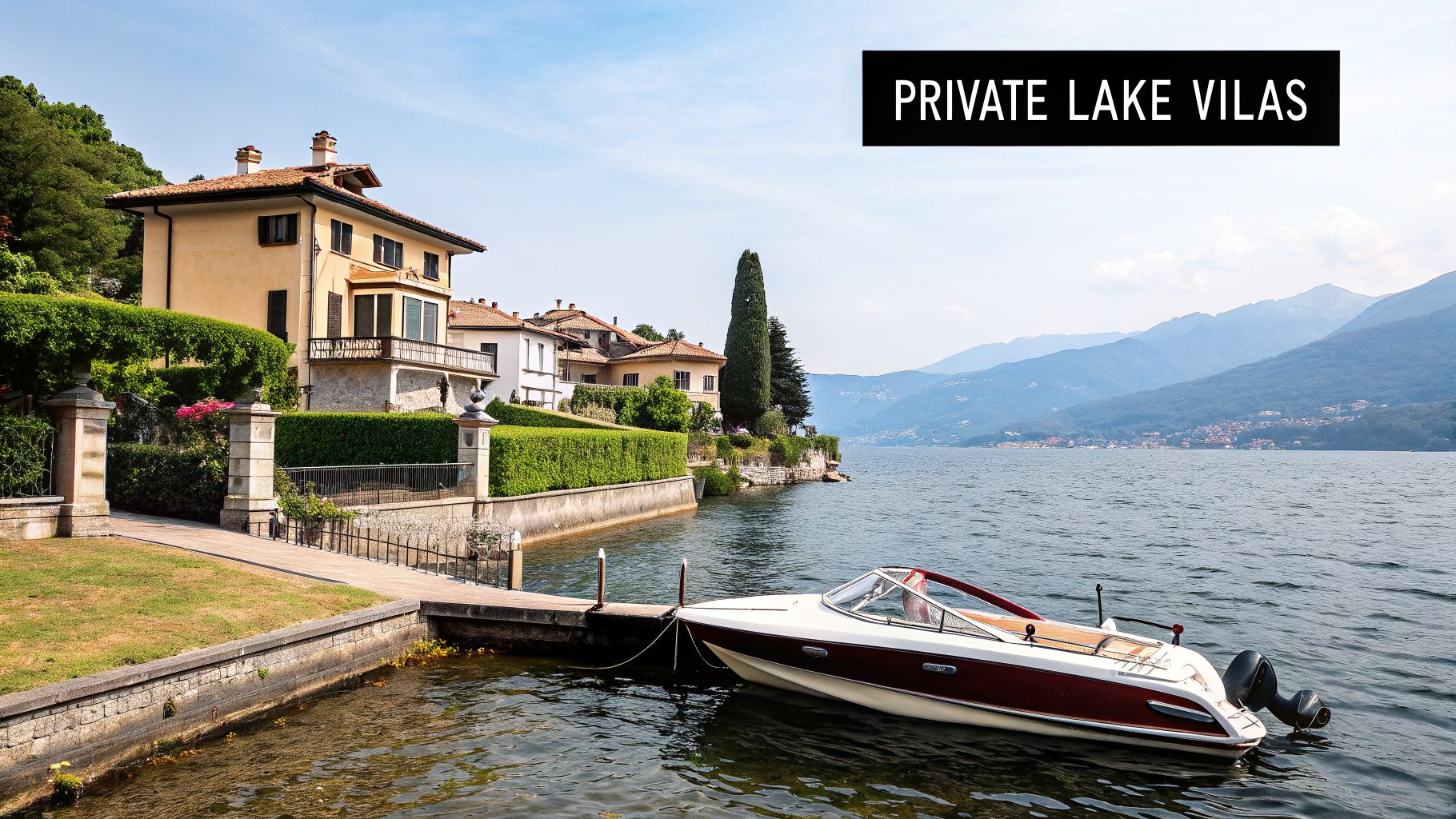 A luxurious lakeside villa with a private dock and a boat, surrounded by lush greenery and mountains.
