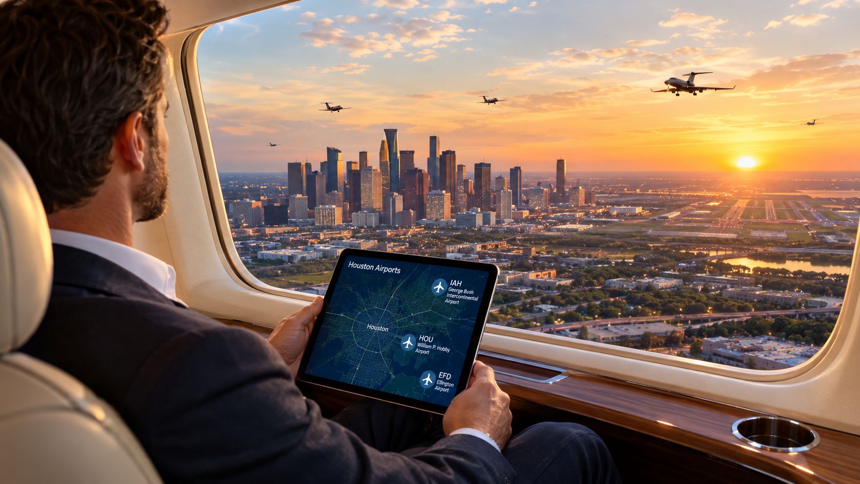 A passenger on a private jet looks at a Houston airport map on a digital tablet.