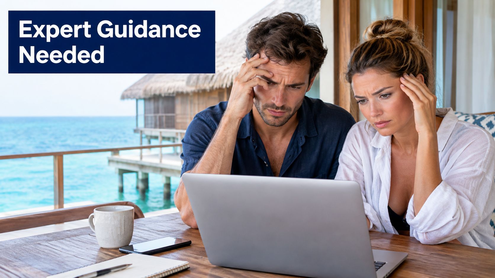 A couple looking stressed and concerned while using a laptop at a table by the ocean.
