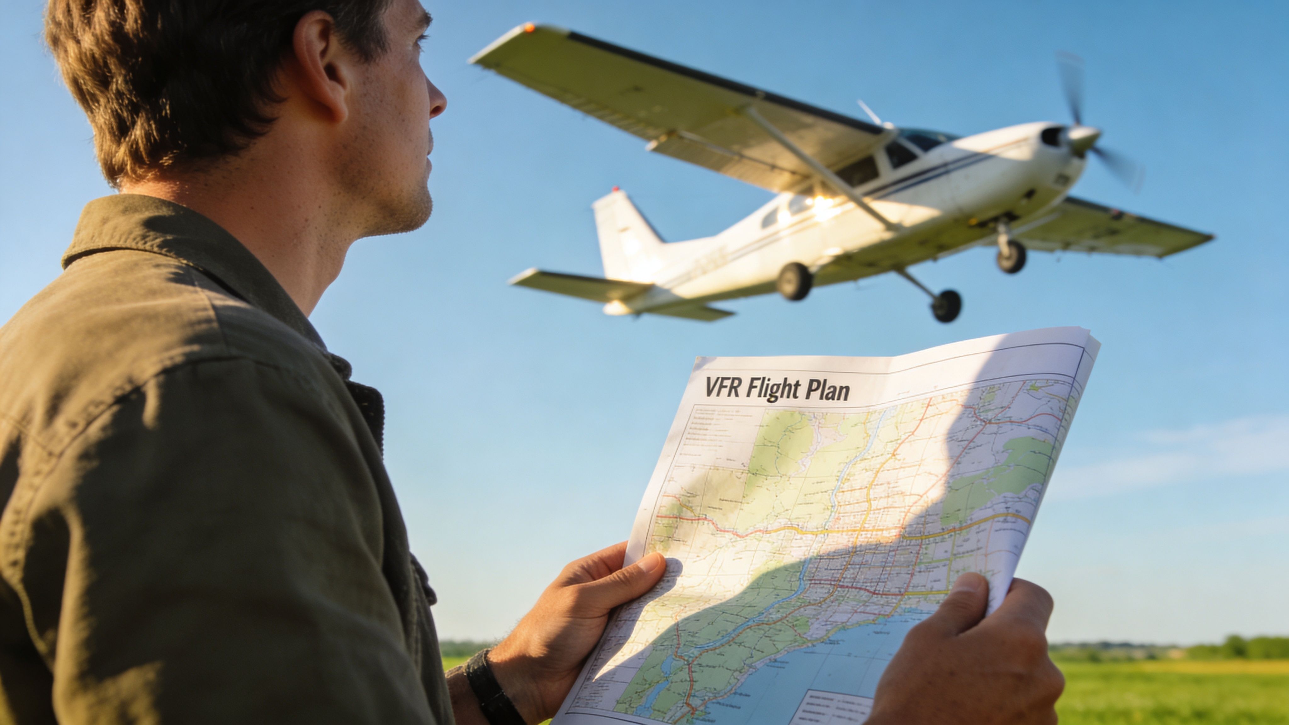 A pilot holding a VFR flight plan map while a small airplane flies in the clear sky.