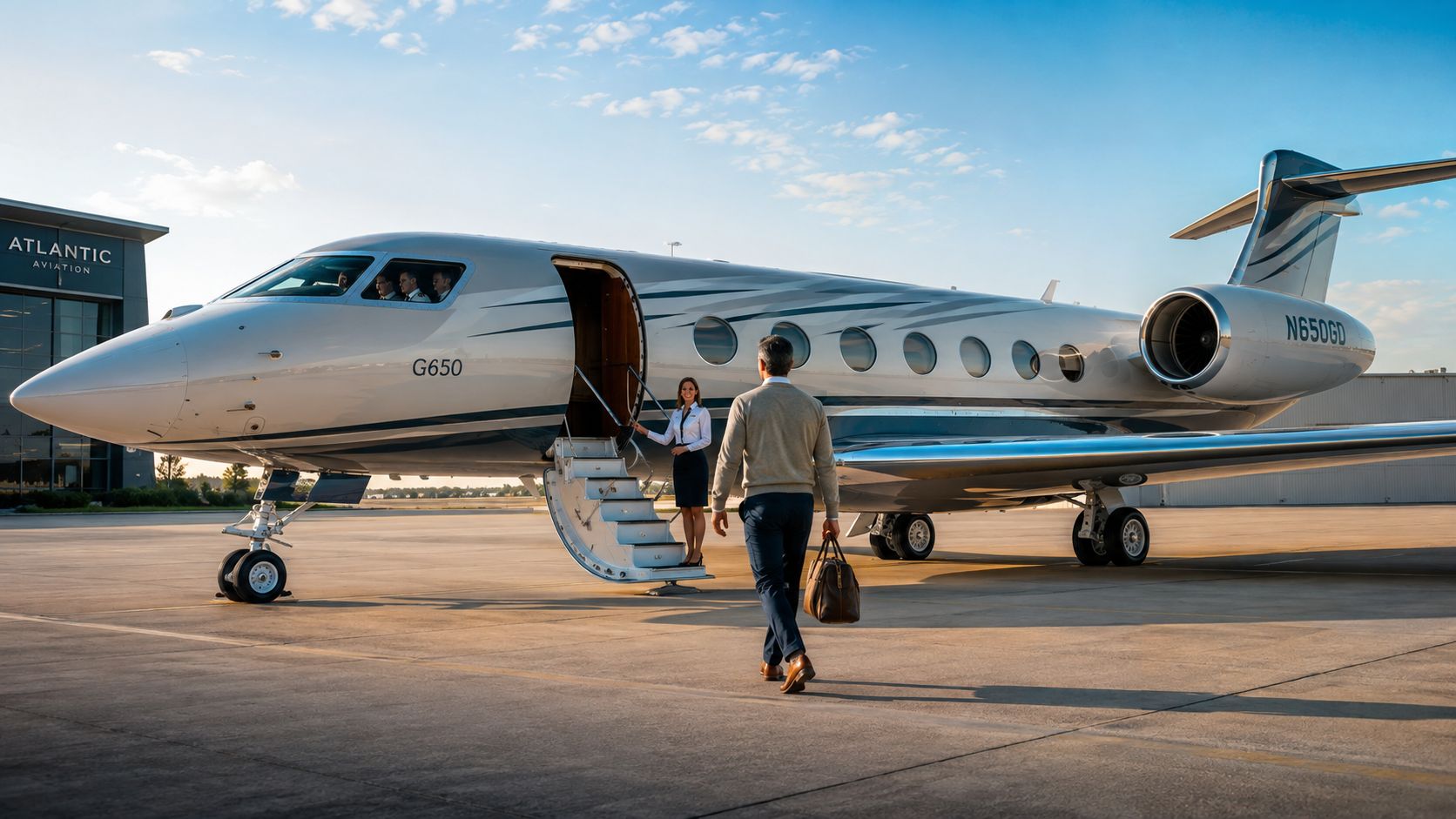 A man boarding a Gulfstream G650 private jet parked at an Atlantic Aviation facility at sunset.