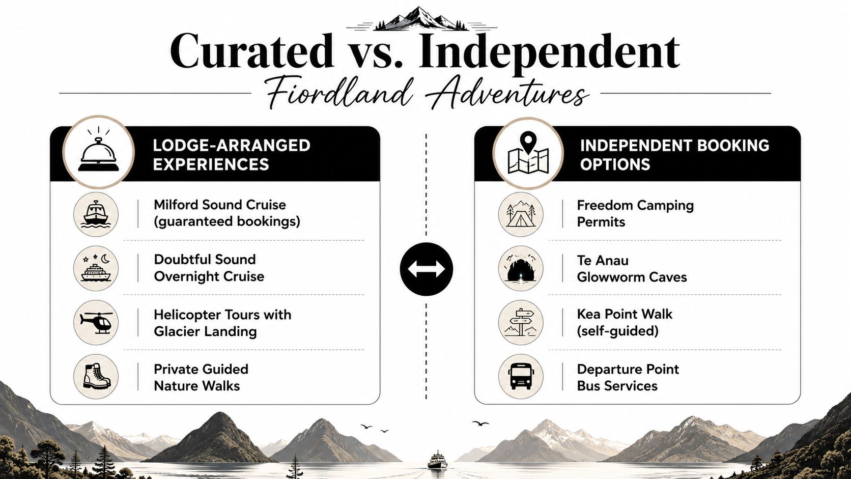 A comparison chart showing lodge-arranged experiences versus independent booking options for adventures in Fiordland, New Zealand.