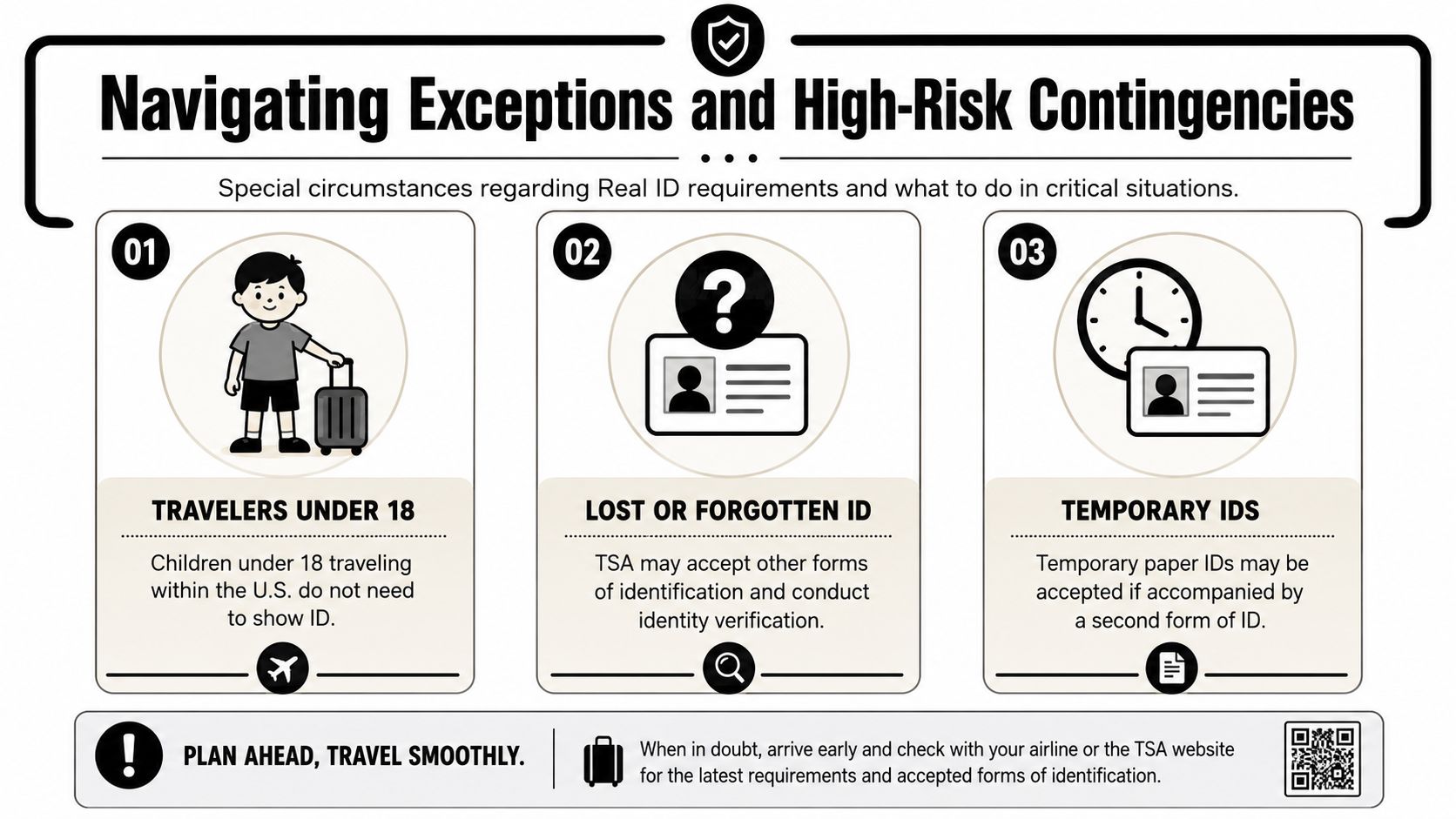 An infographic showing TSA identification exceptions for travelers under 18, lost IDs, and temporary identification documents.